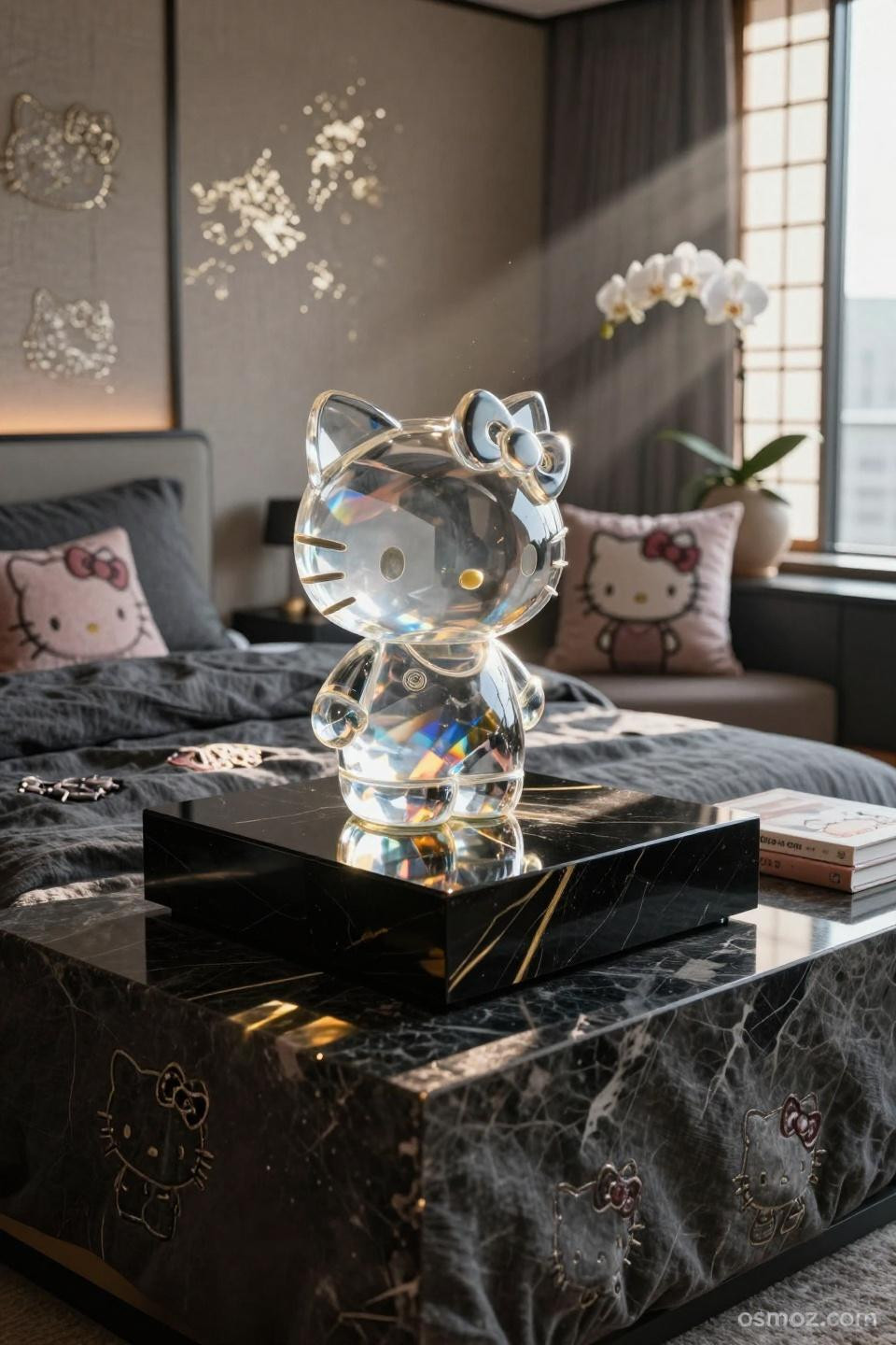 Hello Kitty apartment vignette with Baccarat crystal sculpture on onyx pedestal
