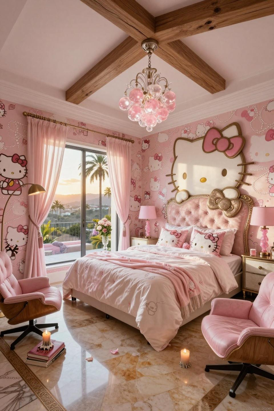 Sanrio room ideas featuring bronze Hello Kitty bow headboard and de Gournay wallpaper