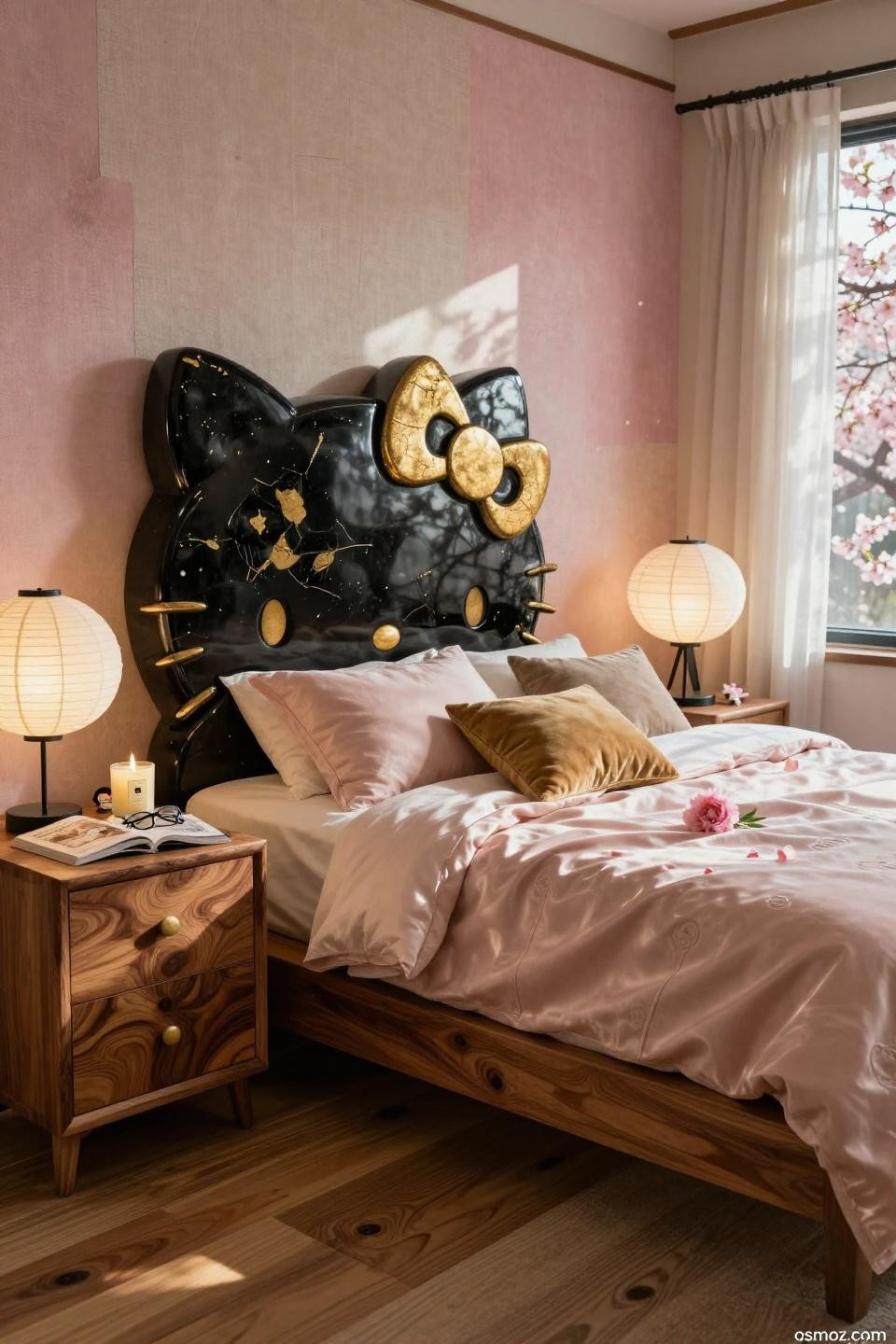 Hello Kitty pictures concept with black onyx headboard and 24k gold leaf inlay