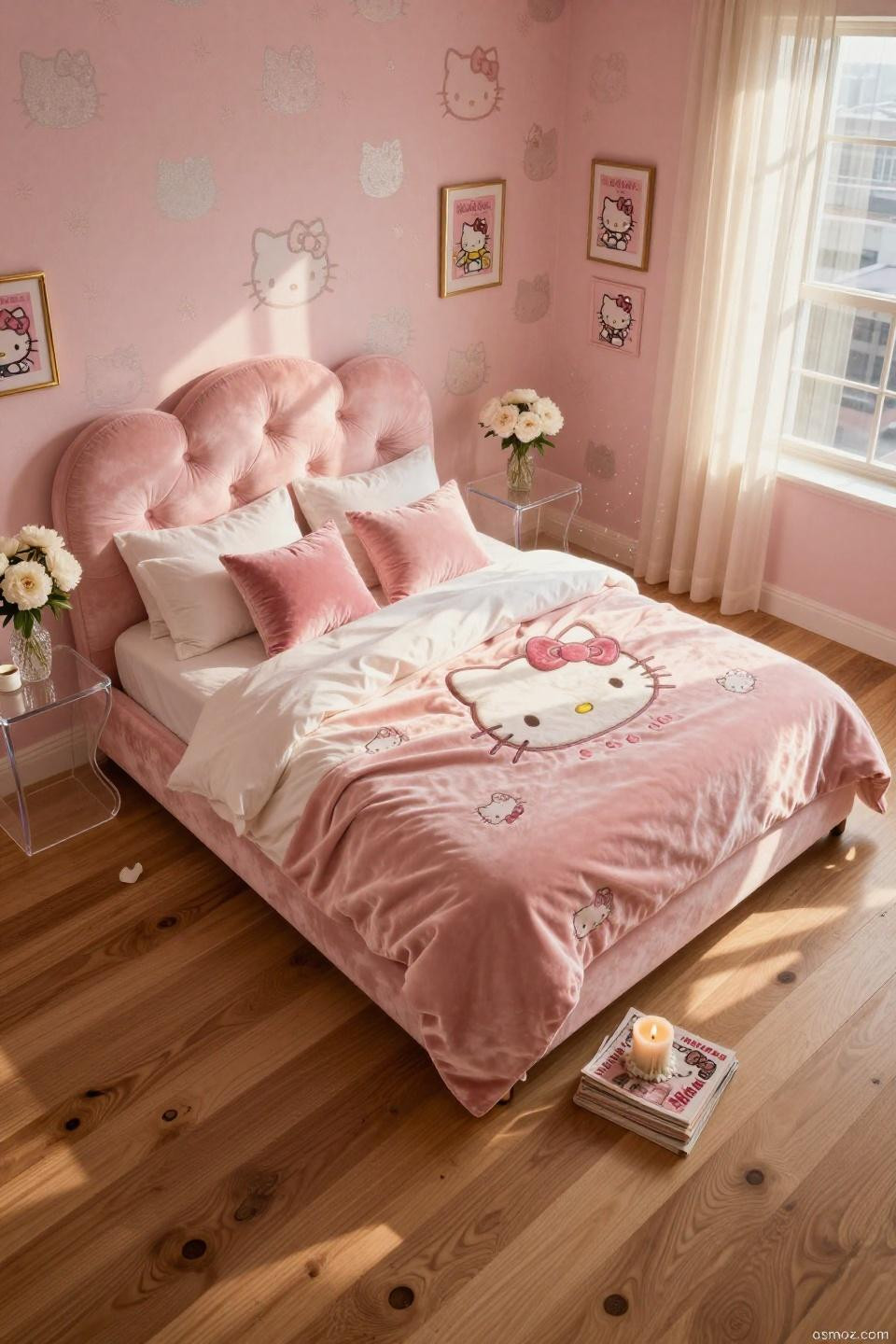 Hello Kitty art in bedroom with Phillip Jeffries grasscloth wallpaper and velvet headboard