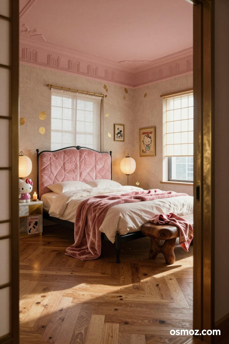 Y2K room with Art Deco brass doorway and quilted pink velvet headboard