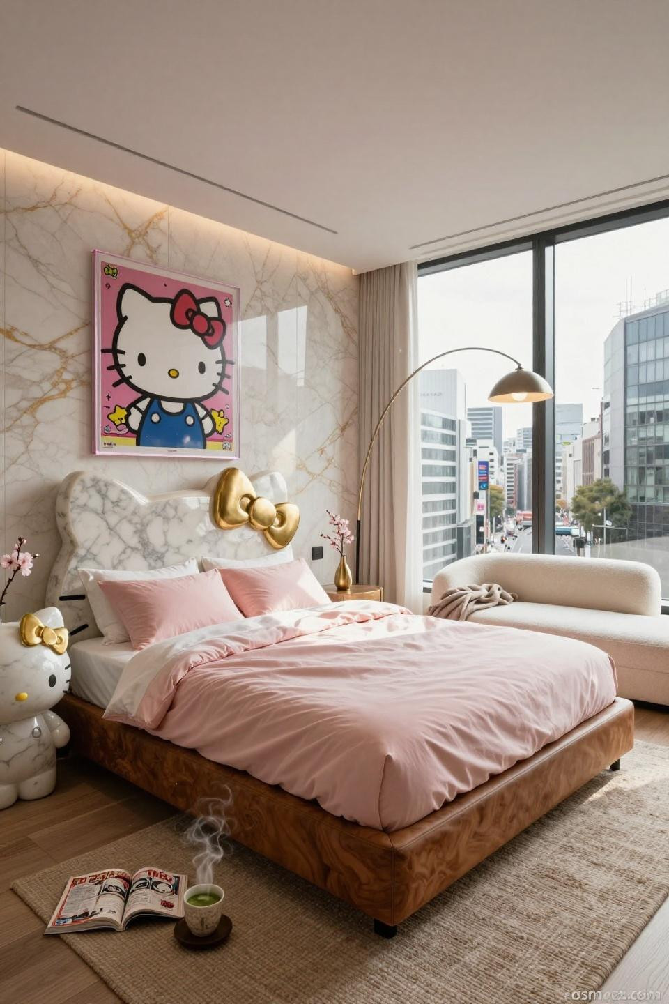 Hello Kitty bedroom aesthetic with Calacatta marble accent wall and walnut burl bed