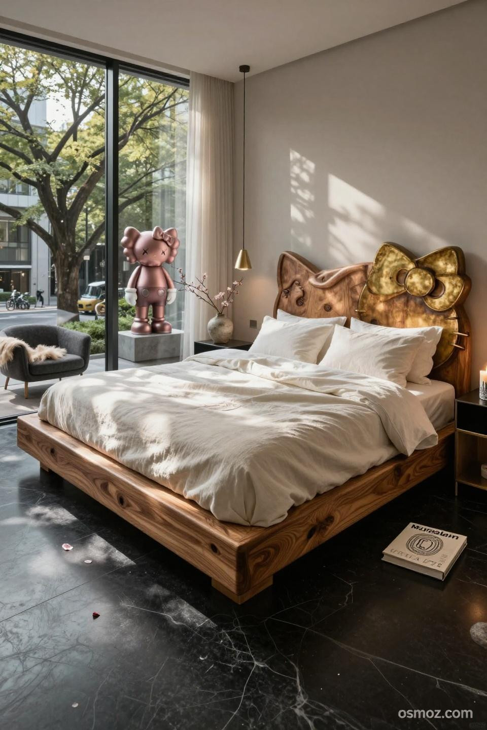 Hello Kitty room with fumed oak platform bed and brass inlay headboard in Tokyo penthouse