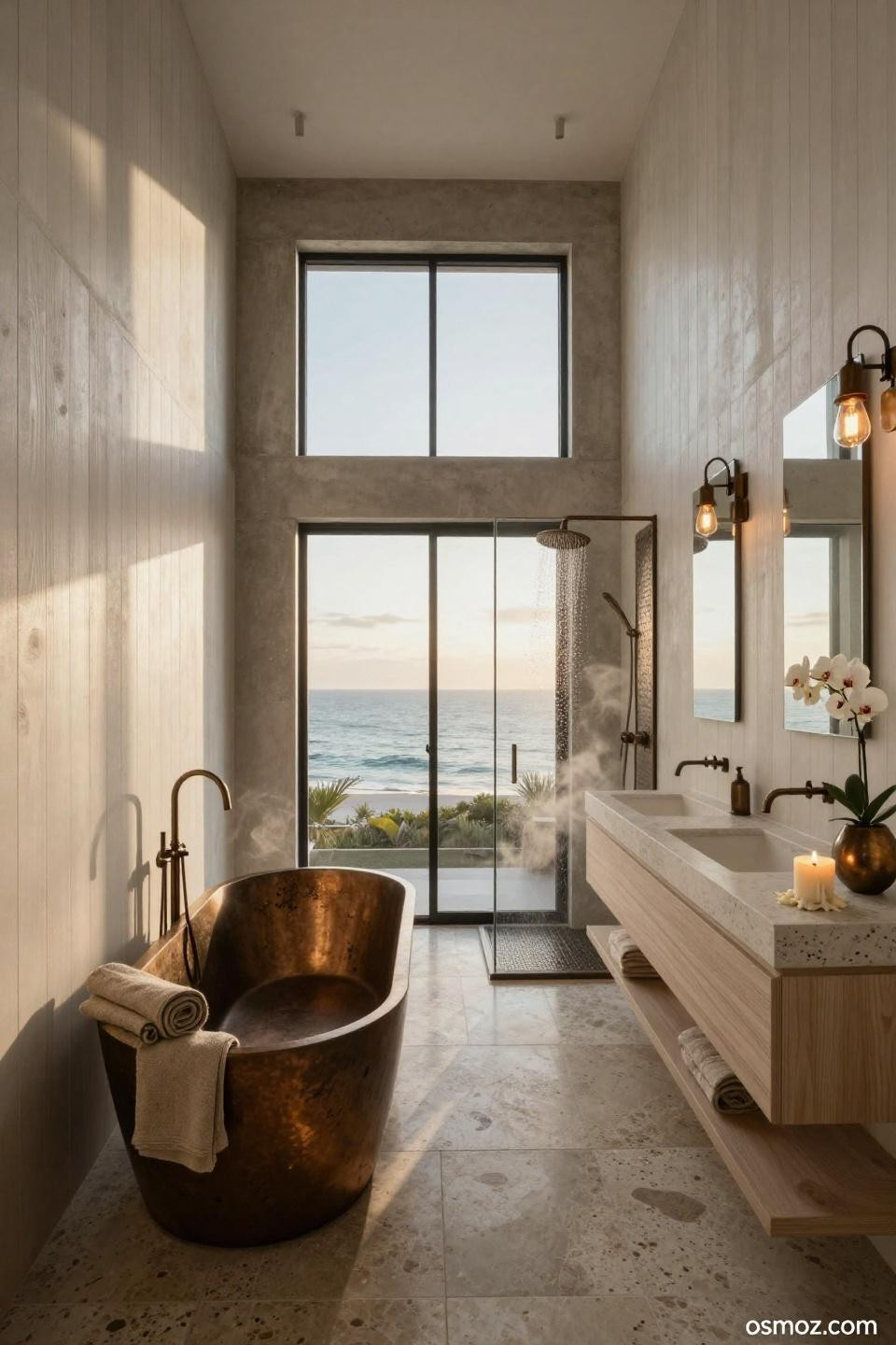 Modern wainscoting ideas bathroom with vertical white oak panels and travertine flooring