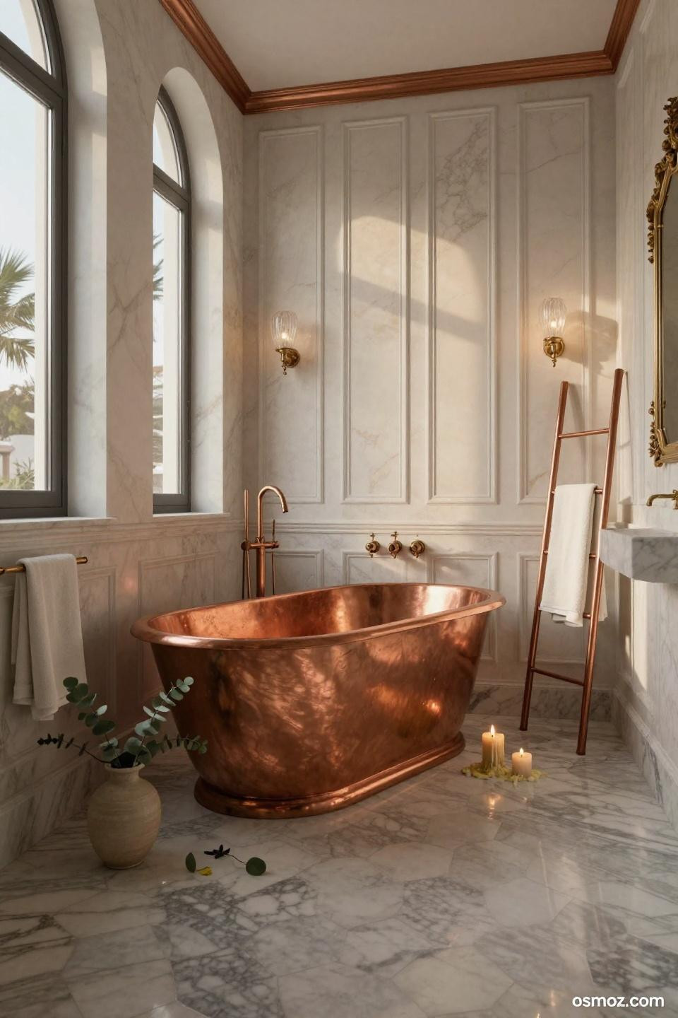 Tile wainscoting bathroom with white oak raised panels and unlacquered copper