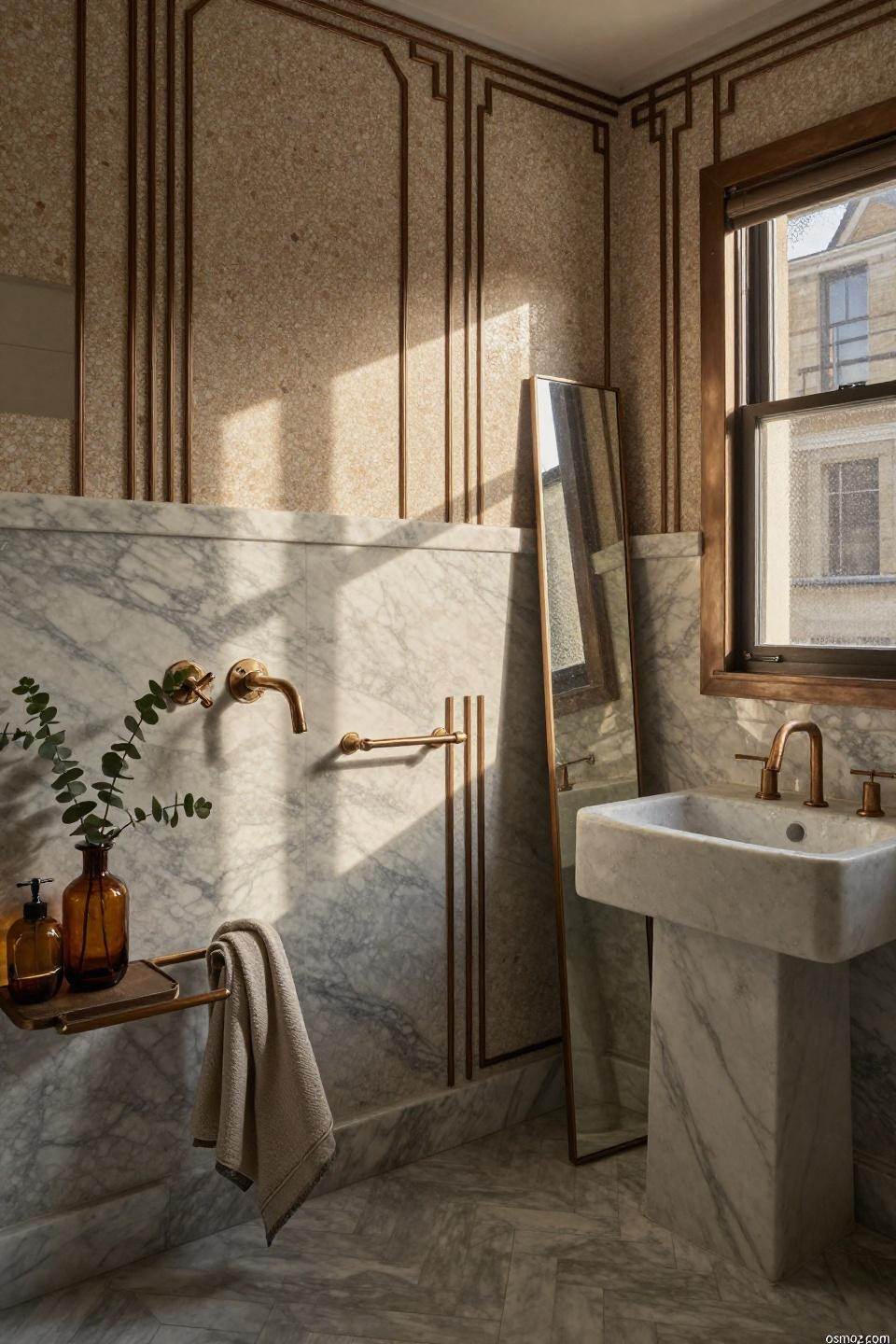Chair rail bathroom in Art Deco style with terrazzo wainscoting and bronze fixtures