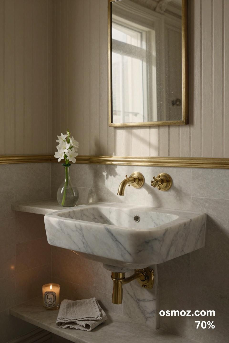 Bathroom beadboard ideas with hand-milled ivory panels and unlacquered nickel chair rail