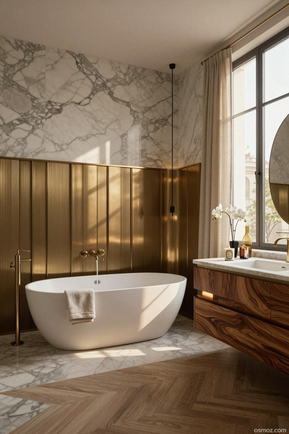 Beadboard wainscoting in Parisian bathroom with brushed nickel frames and Calacatta marble