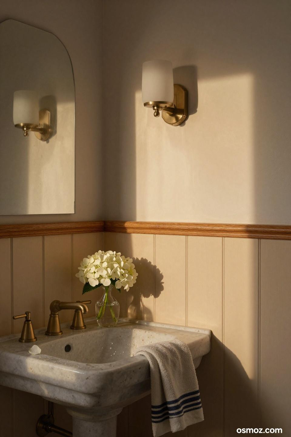 Half bath wainscoting in Hamptons style with Dover White tongue and groove panels