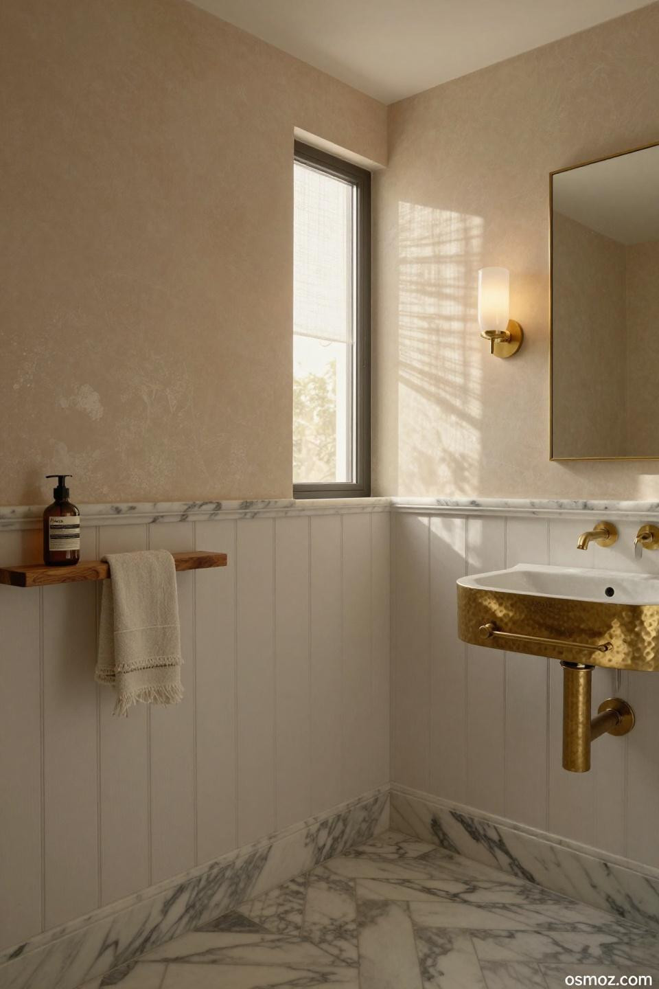 Half wall paneling ideas in Beverly Hills powder room with board and batten wainscoting and marble chair rail