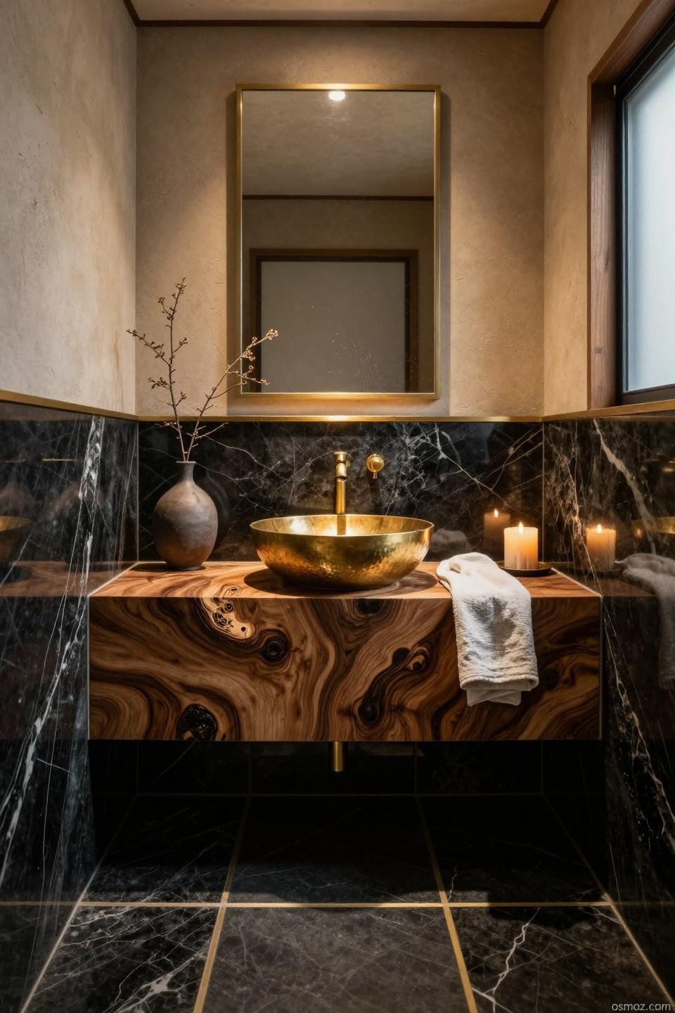 Wainscoting bathroom with polished onyx board and batten panels and unlacquered gold brass chair rail