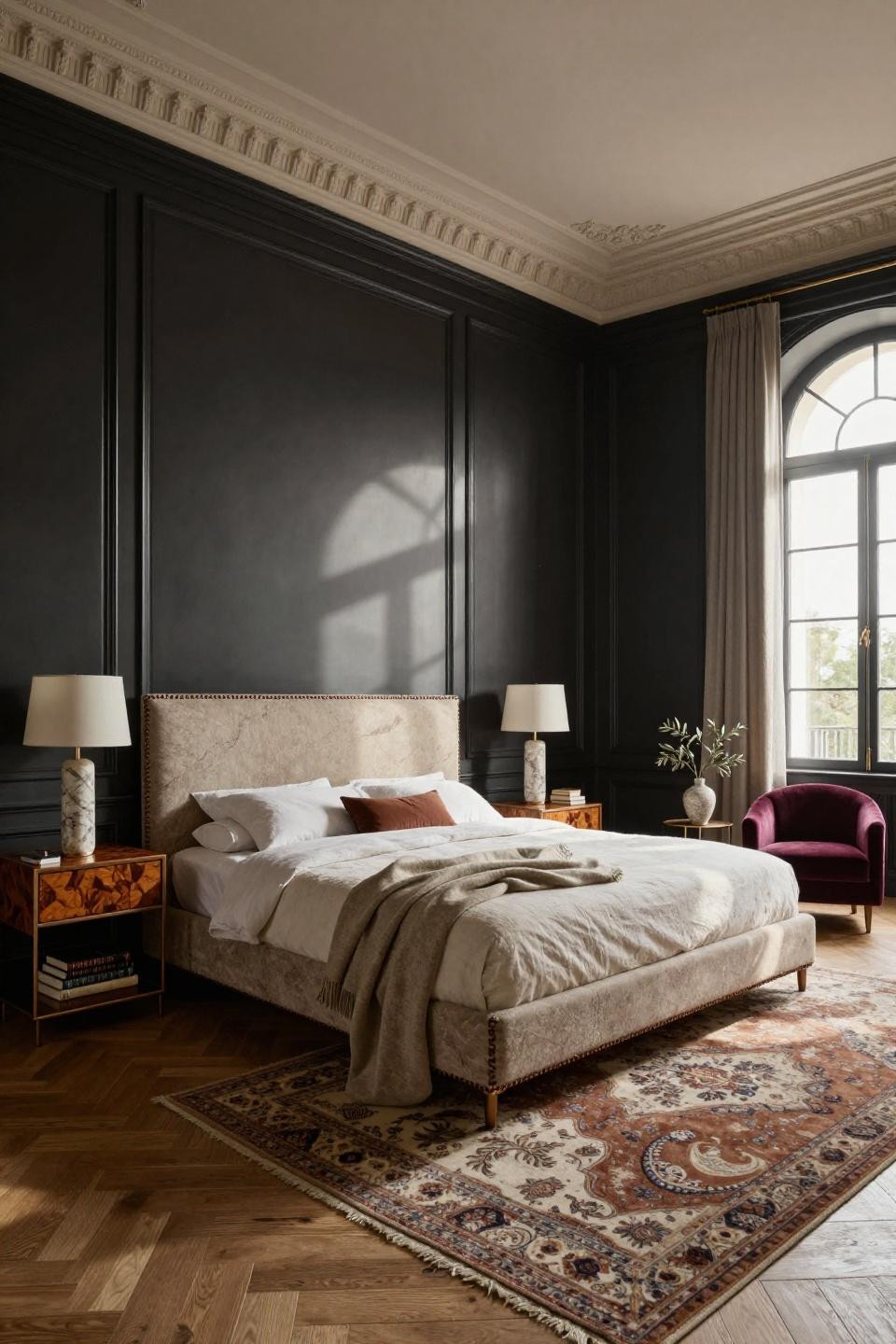 Chair rail bedroom with deep charcoal lacquered wainscoting and bronze molding in Milanese villa