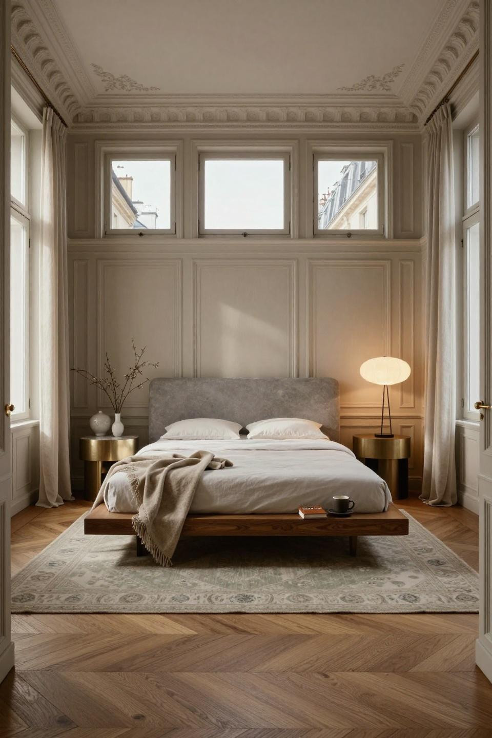 Chair rail bedroom featuring Benjamin Moore Pale Oak painted wainscoting with Japanese wabi-sabi aesthetic in Parisian penthouse