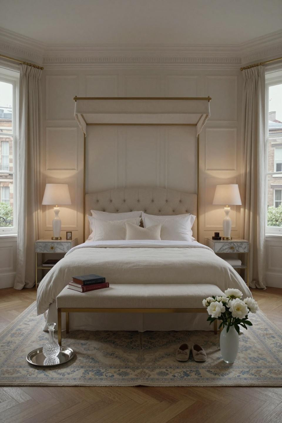 Chair rail bedroom with raised panel wainscoting in painted limestone white and nickel details in London Kensington estate