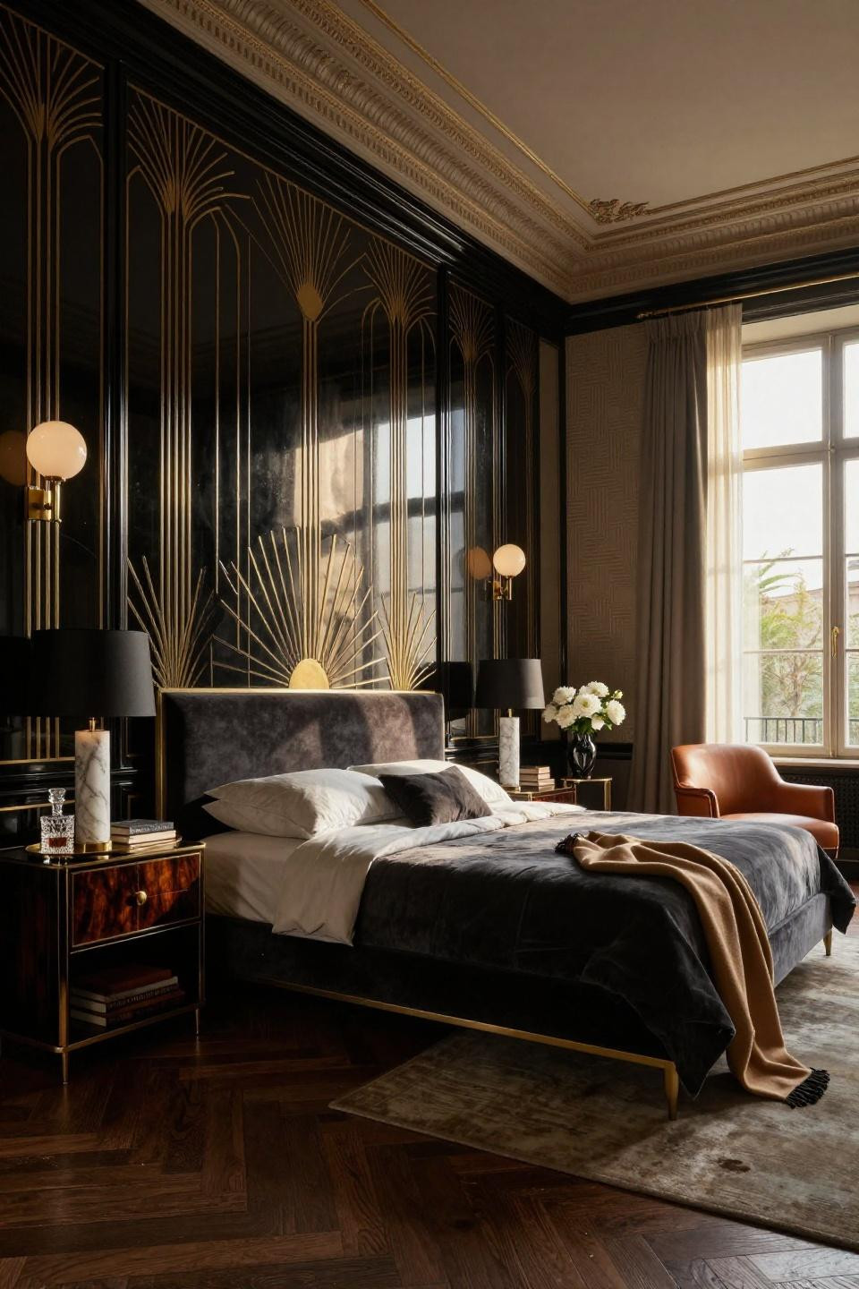 Chair rail bedroom with high-gloss black lacquer wainscoting and brass Art Deco sunburst inlay in Parisian apartment