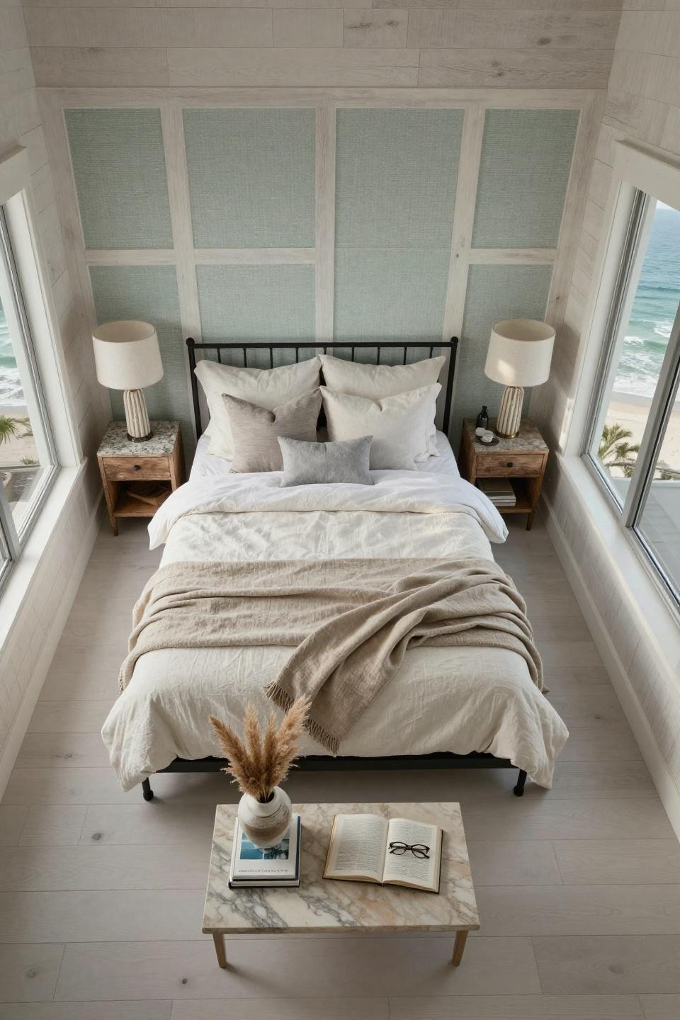 Chair rail bedroom featuring horizontal shiplap wainscoting in weathered white oak with grasscloth upper walls in Hamptons beach house