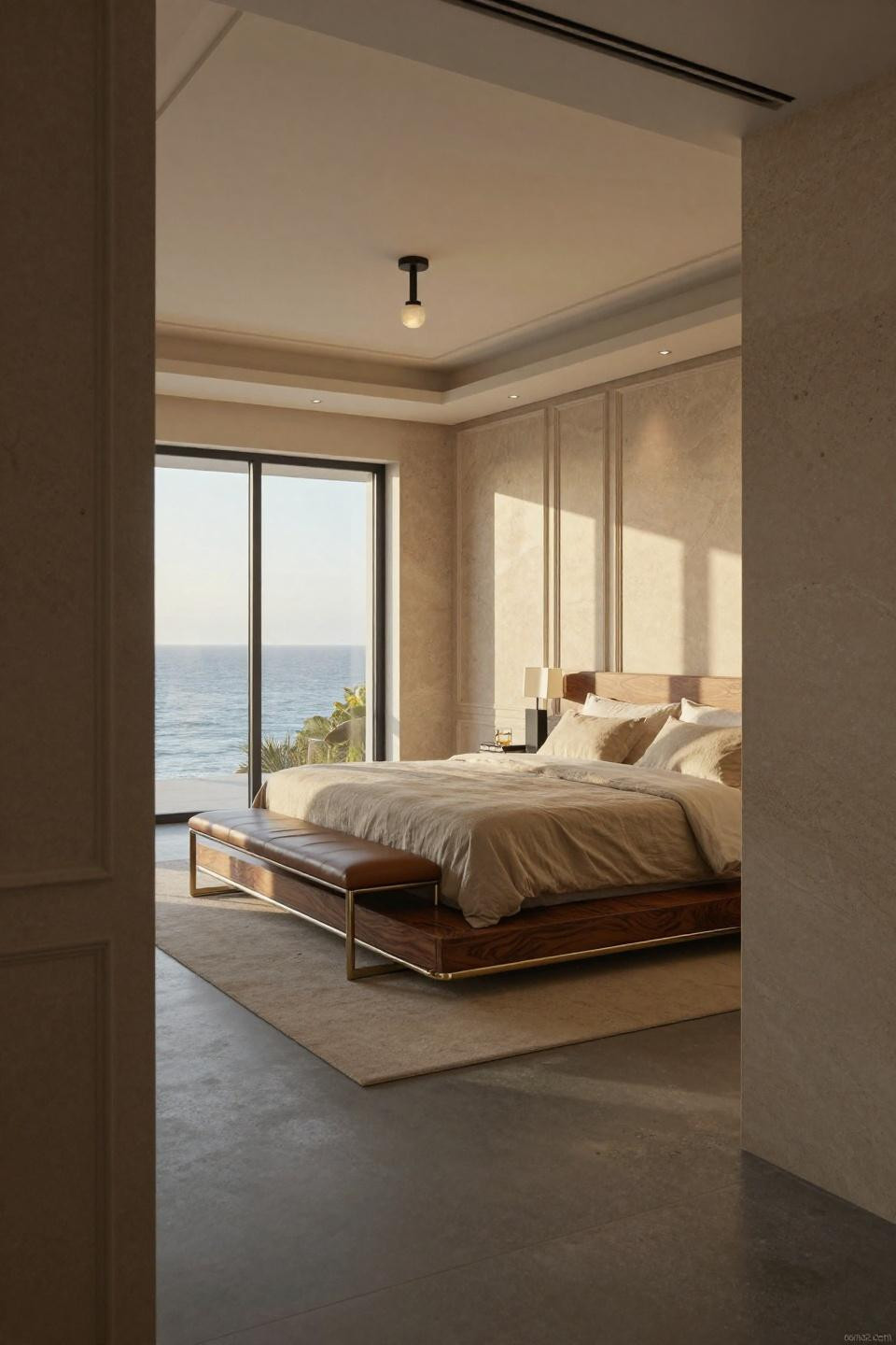 Chair rail bedroom with precision-milled limestone panels and brushed nickel molding in Beverly Hills estate