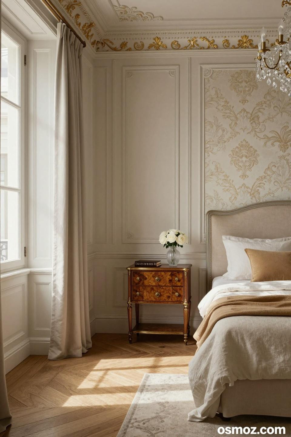 Chair rail bedroom with hand-painted Benjamin Moore Decorator's White wainscoting and gold leaf accents in Parisian townhouse