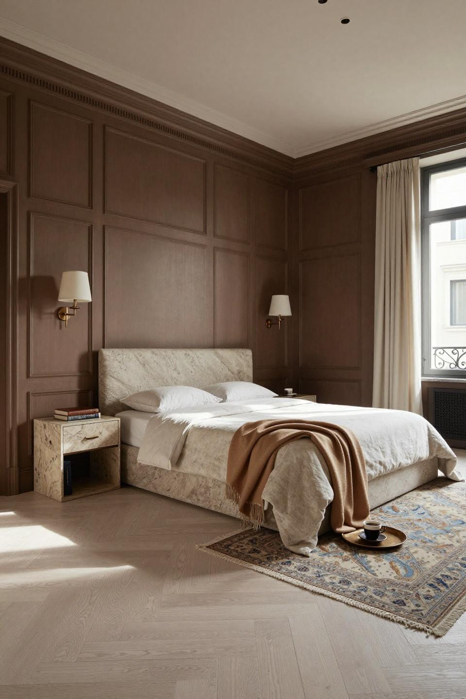 Chair rail bedroom with Benjamin Moore Swiss Coffee painted wainscoting and unlacquered bronze details in Milan penthouse