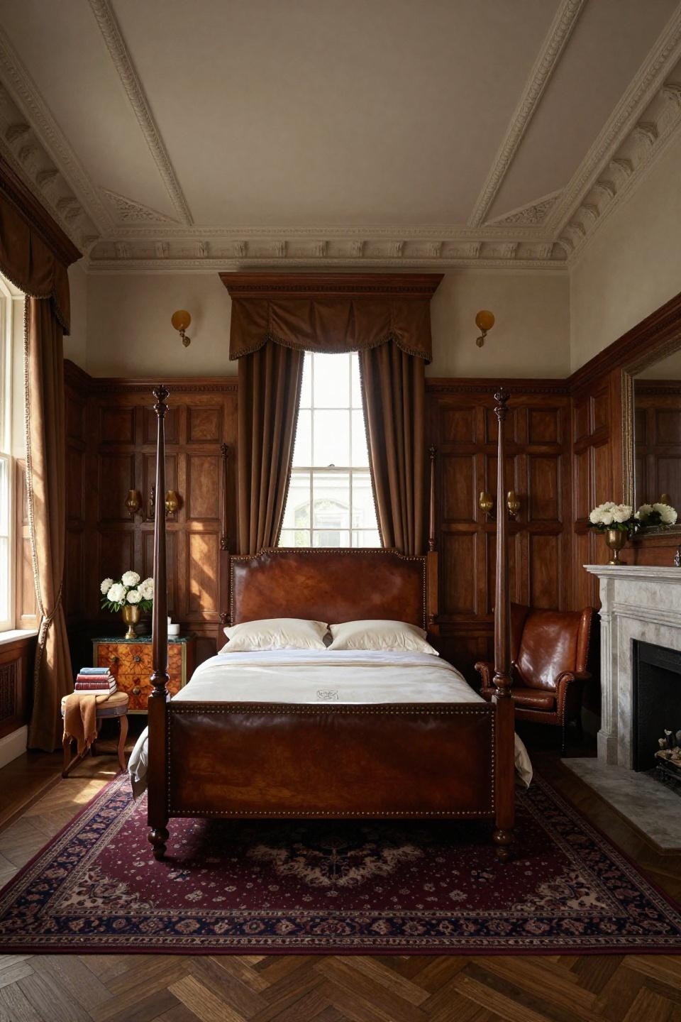 Chair rail bedroom featuring rich walnut paneling with intricate molding and leather detailing in London estate manor
