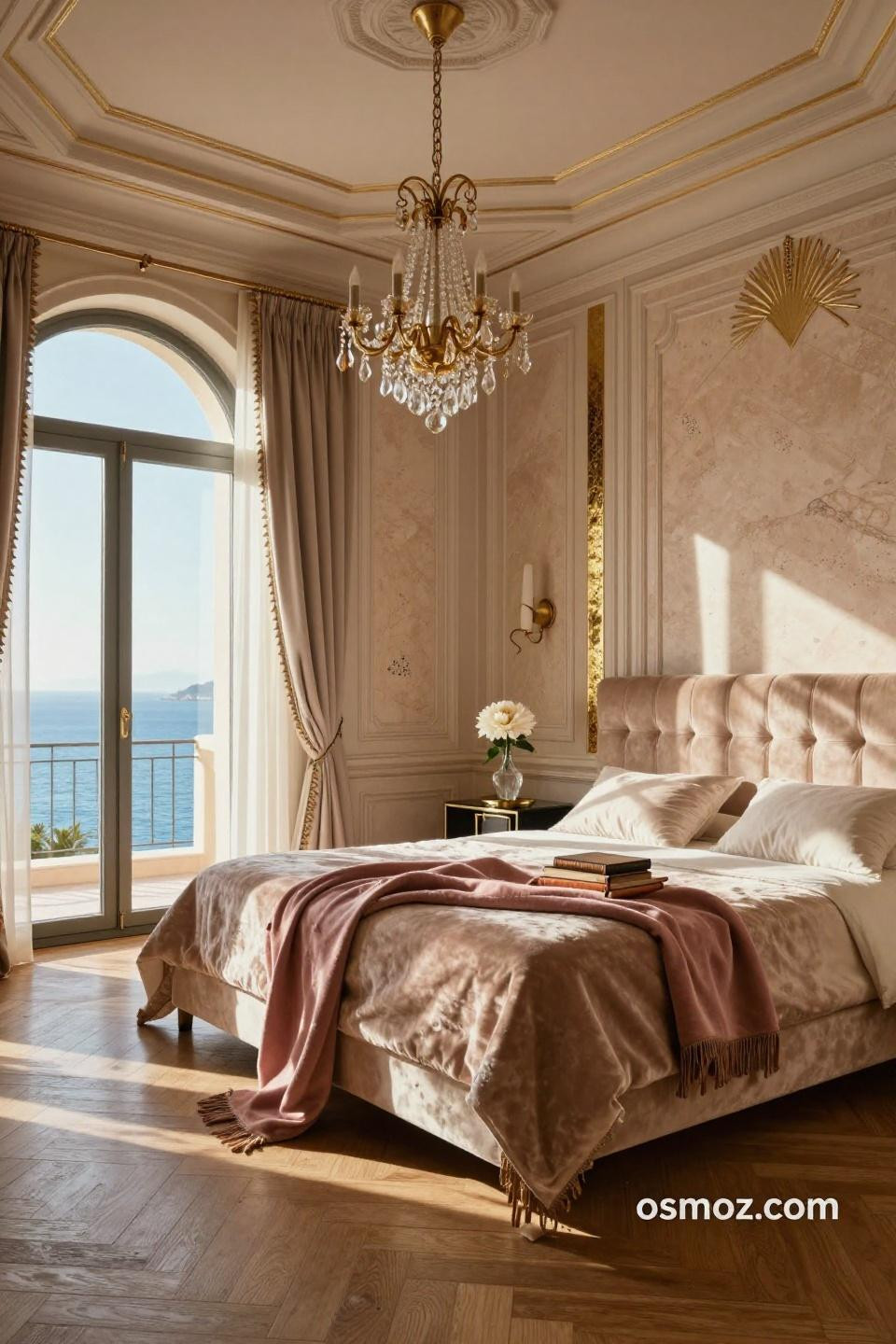 Chair rail bedroom with champagne-toned limestone wainscoting and polished onyx inlay in French Riviera villa