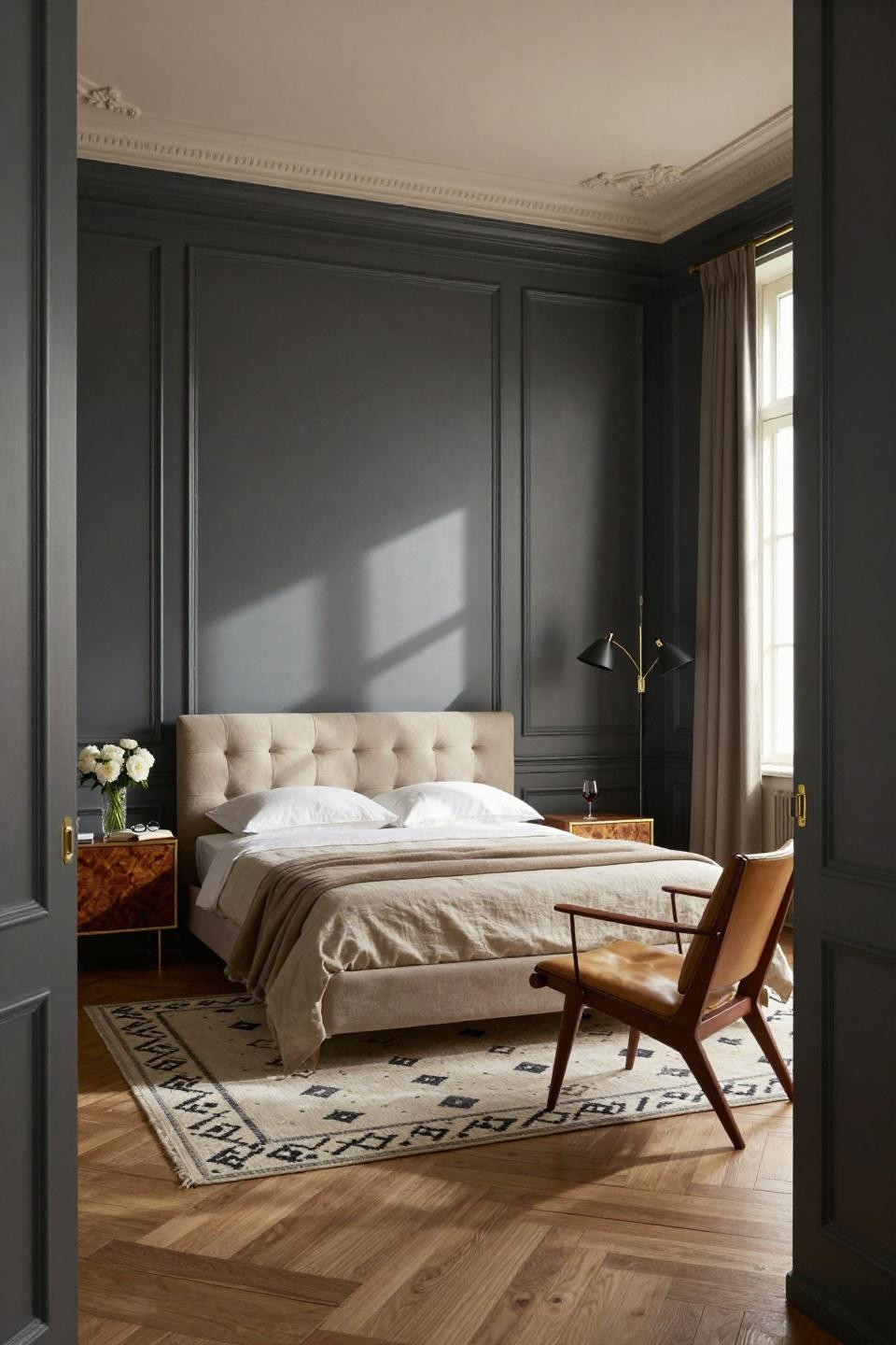 Wainscoting bedroom accent wall with deep charcoal gray lacquer and brass corner details in Parisian Haussmann bedroom