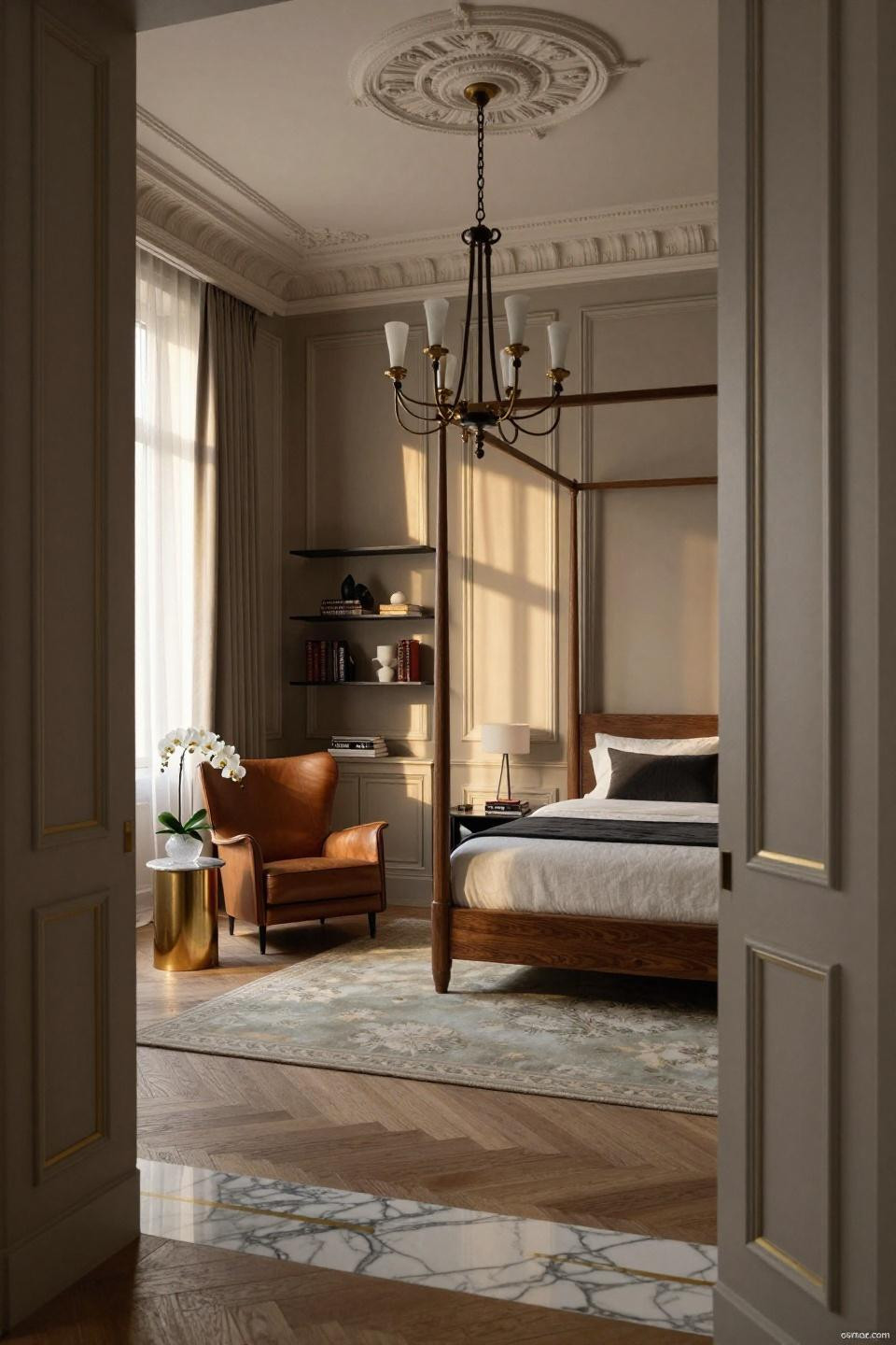 Wainscoting ideas bedroom featuring Calacatta Gold marble chair rail with unlacquered brass trim in Parisian apartment