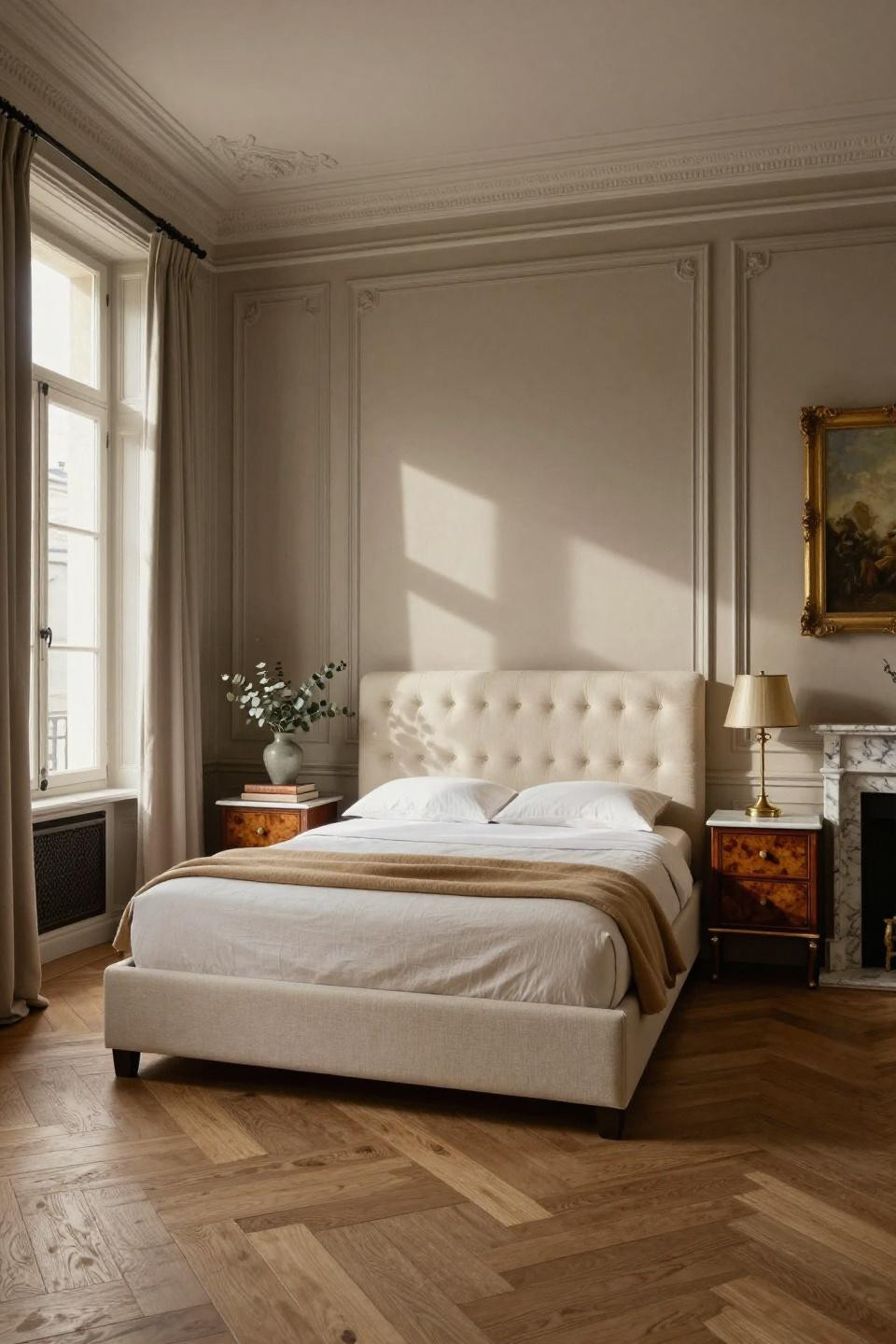 Bedroom molding with raised panel wainscoting and original herringbone parquet in Parisian Haussmann apartment