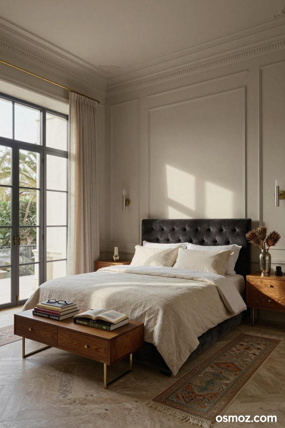 Wainscoting bedroom master with Benjamin Moore Dove Wing painted panels and nickel chair rail in Beverly Hills estate