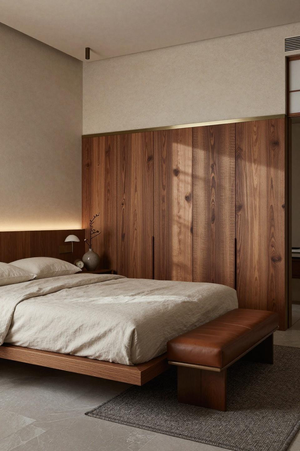 Bedroom paneling ideas with hand-carved Japanese oak wainscoting and brushed nickel chair rail in Tokyo townhouse
