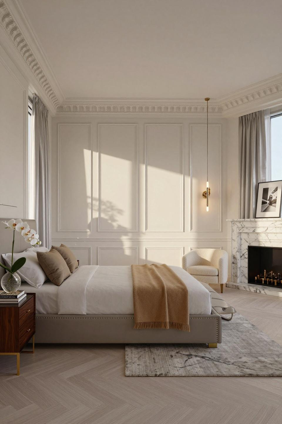 Wall paneling ideas with creamy porcelain-white lacquer and platinum leaf accents in Miami penthouse bedroom