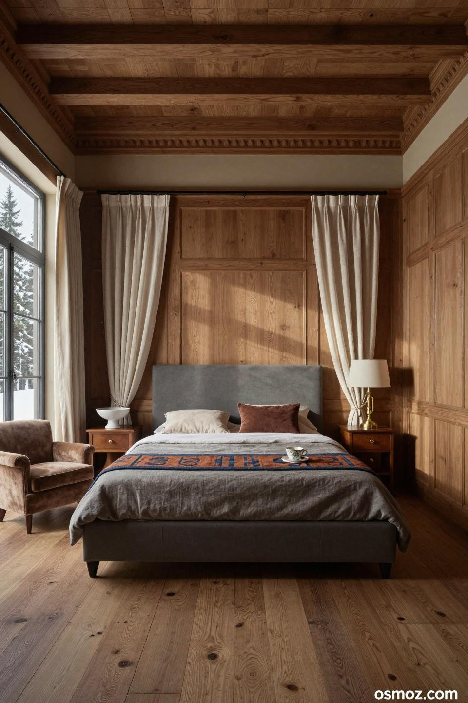 Panelled walls bedroom with raised panel European oak wainscoting and chair rail in Swiss alpine chalet
