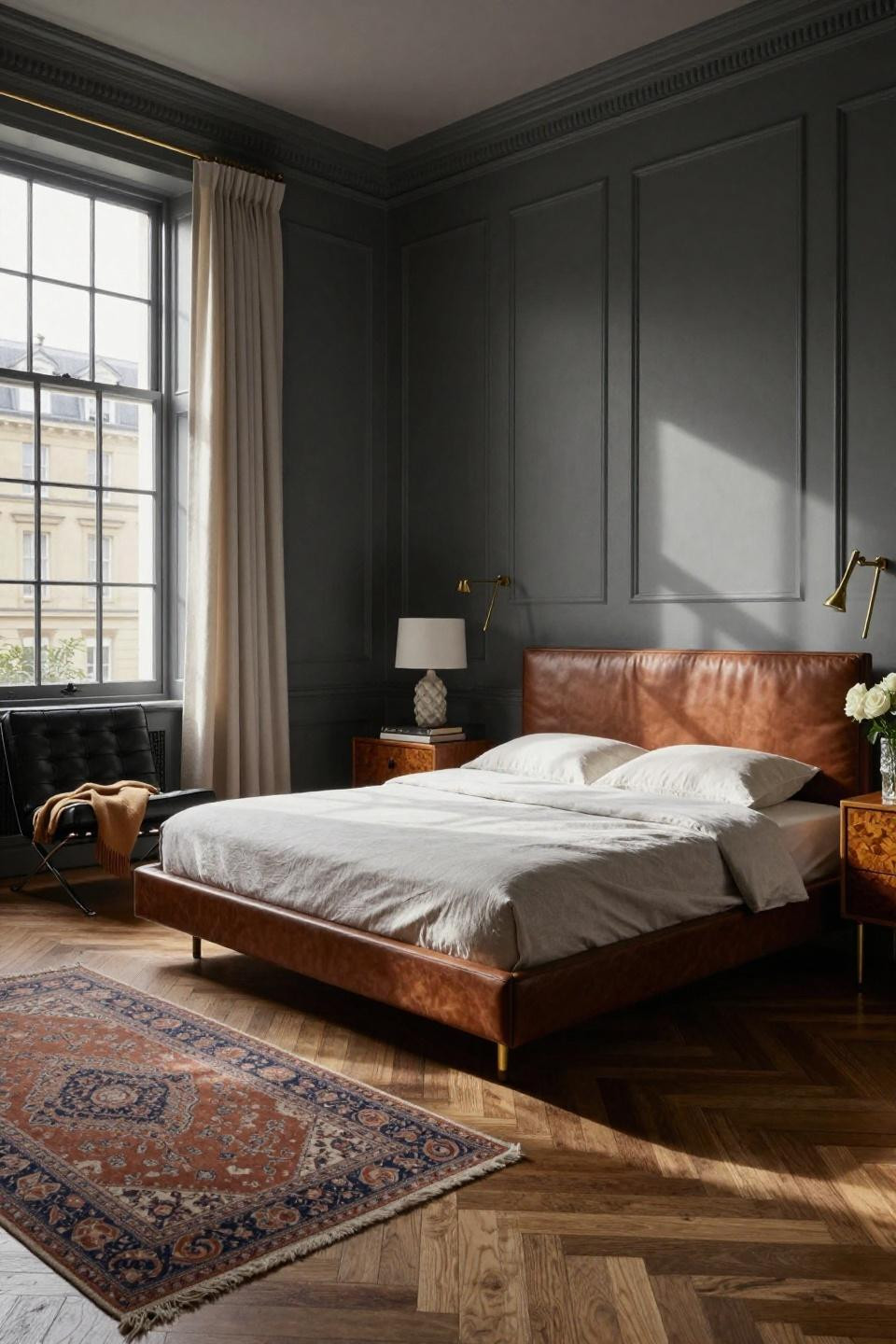 Bedroom wainscoting ideas with deep charcoal gray painted panels and vintage brass sconces in London townhouse