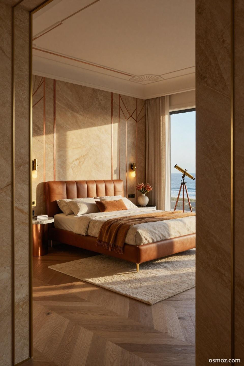Wainscoting bedroom with geometric Art Deco panels and brass chair rail molding in Malibu beach house