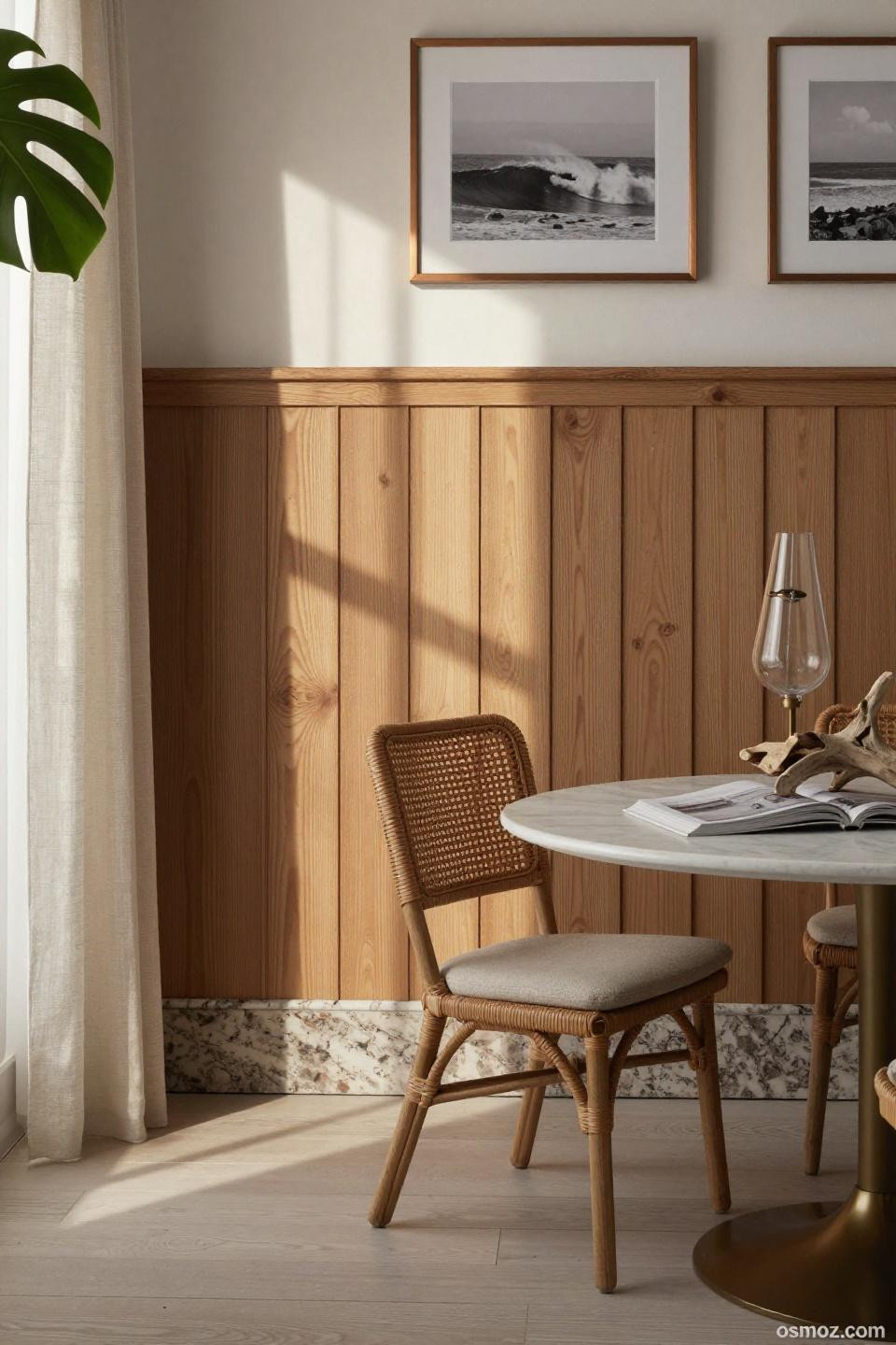 Wainscoting dining room detail showing hand-planed white oak battens with bronze molding