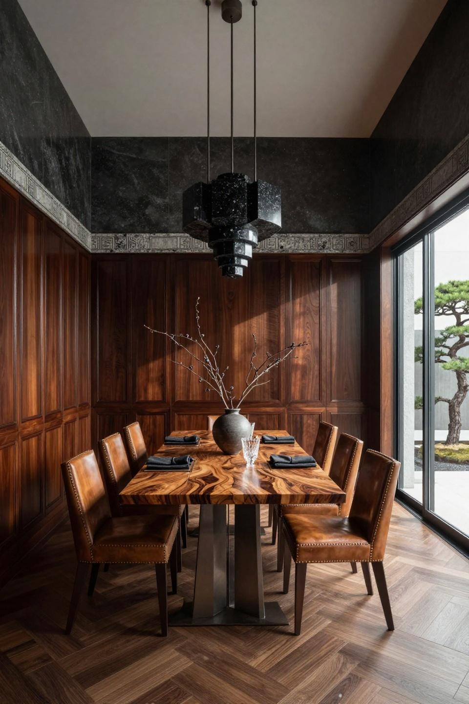 Dining room accent wall with Art Deco half-wall paneling and iron geometric patterns