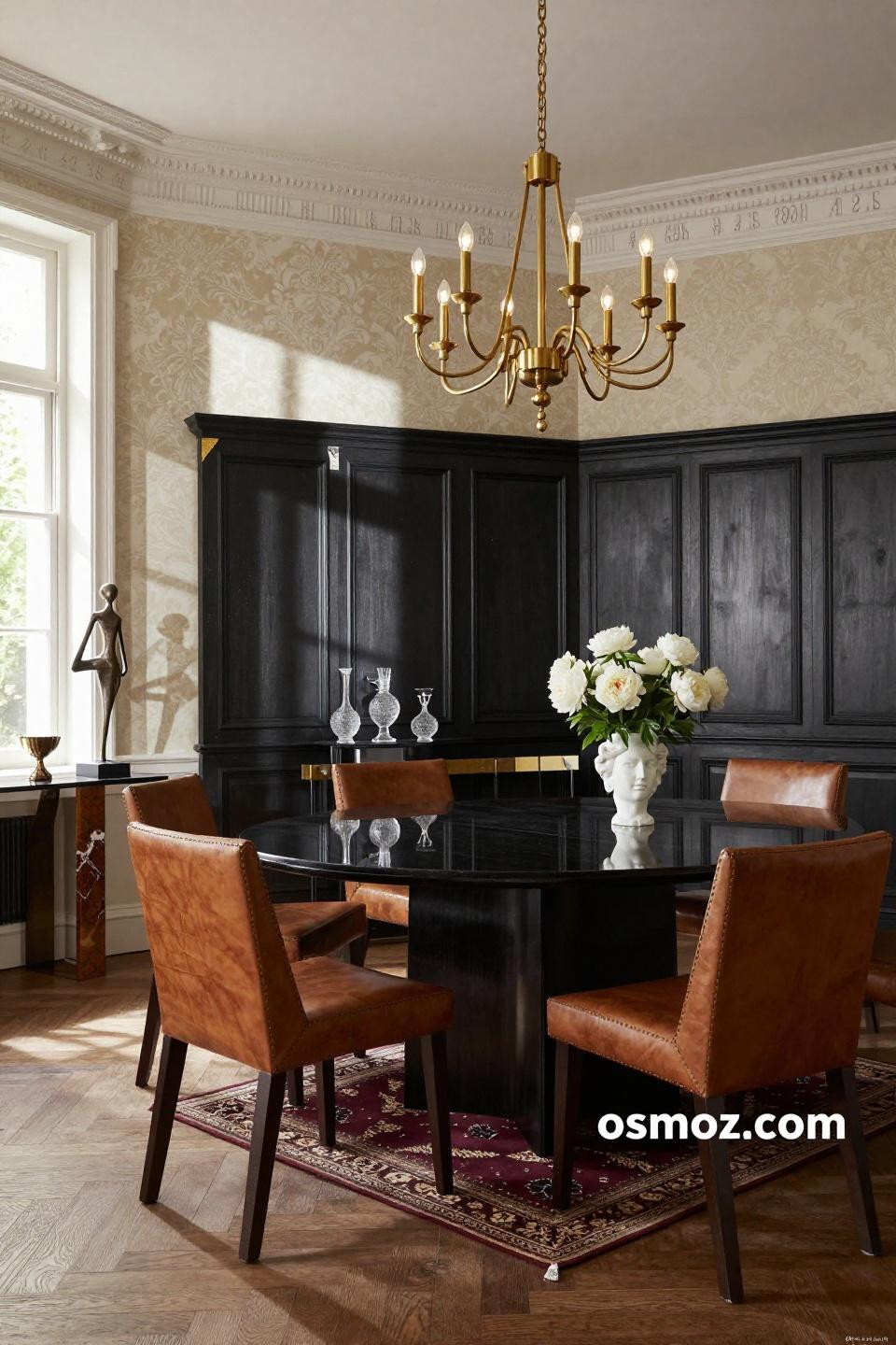 Board and batten wall dining room with macassar panels and brushed gold beading
