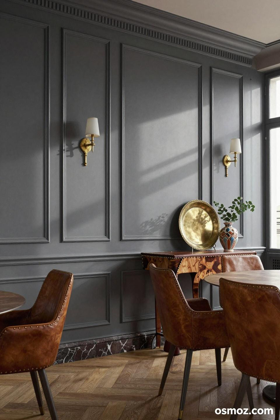Raised panel wainscoting with zellige tile inlay and honed marble baseboard