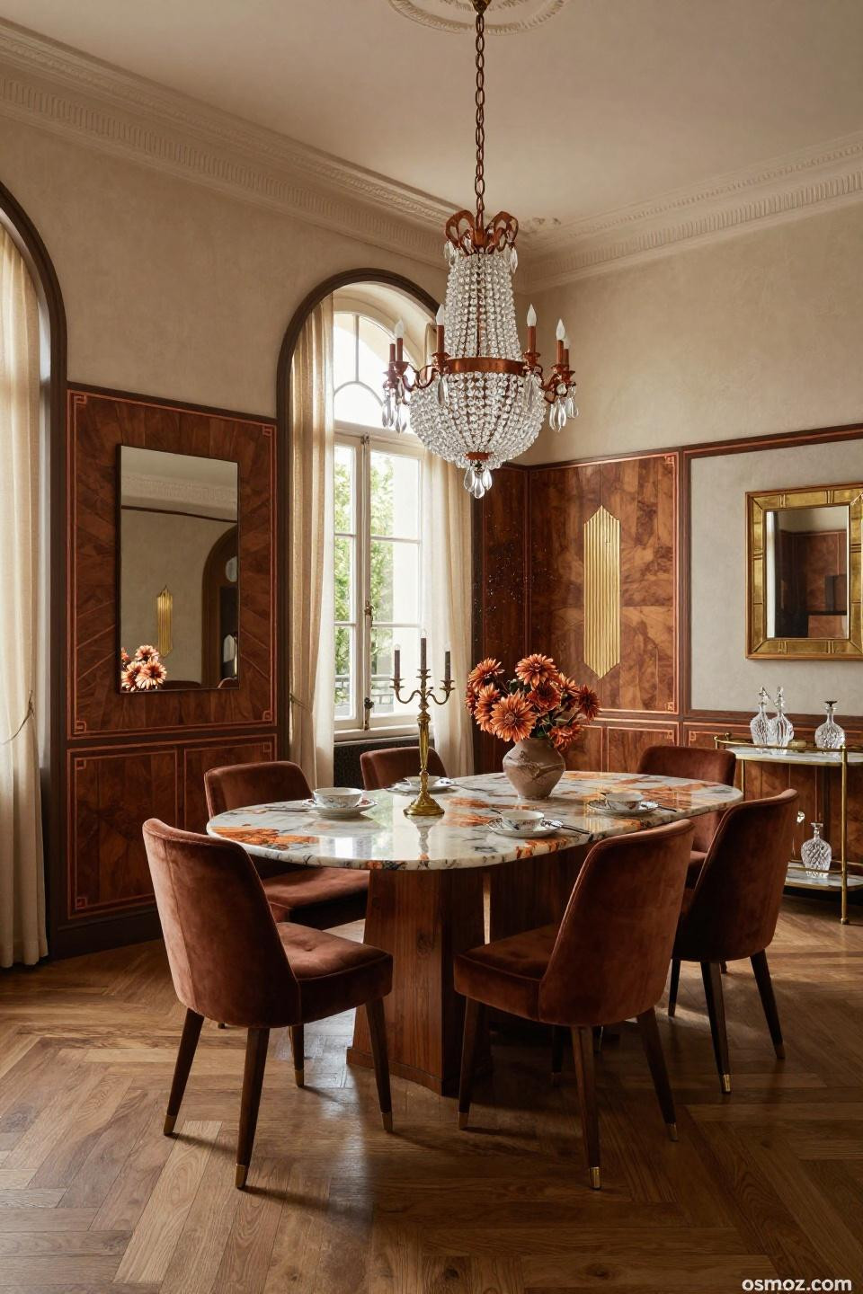 Dining room accent wall featuring Art Deco wainscoting with copper detailing