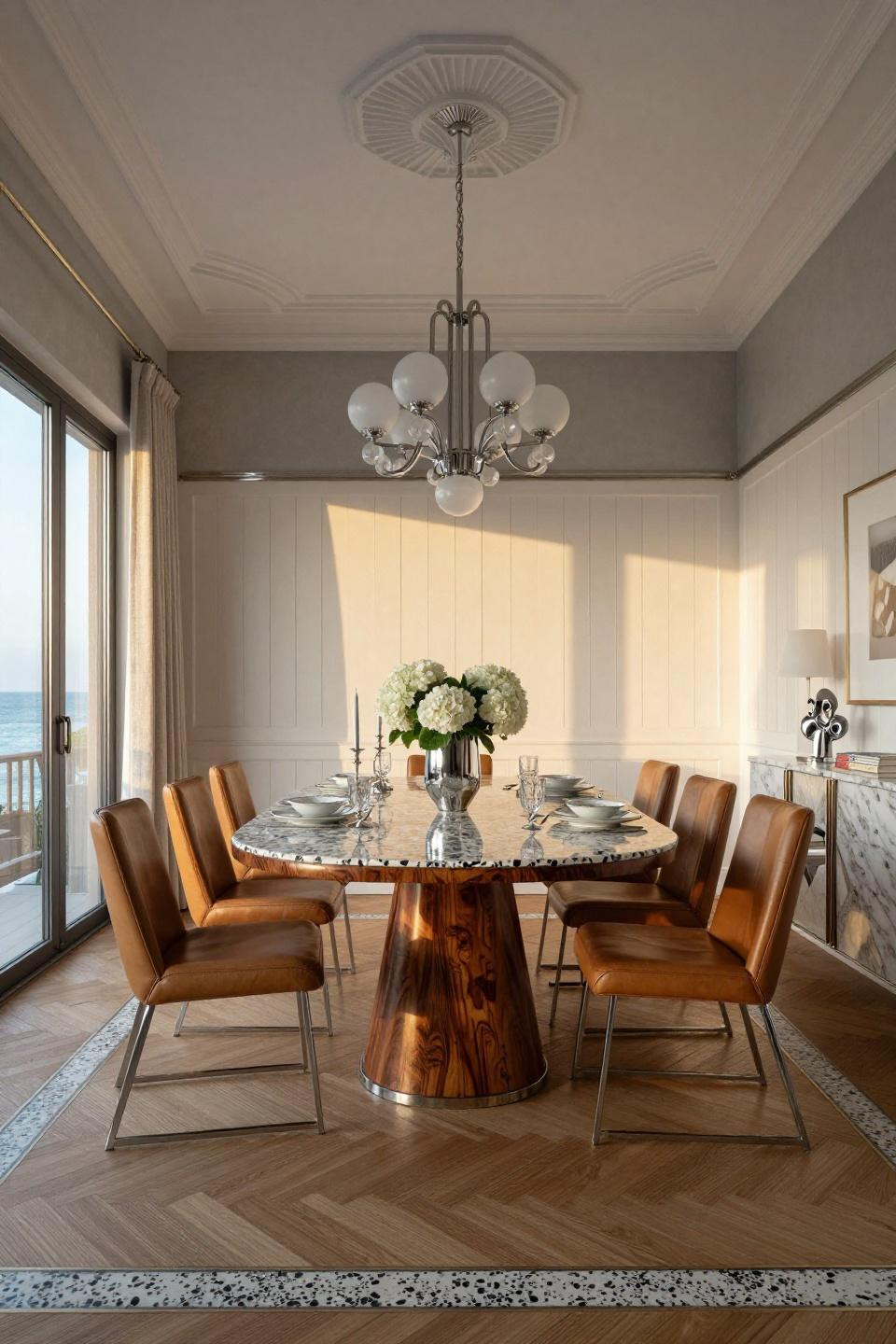 Modern wainscoting with vertical chrome chair rail and crisp white panels