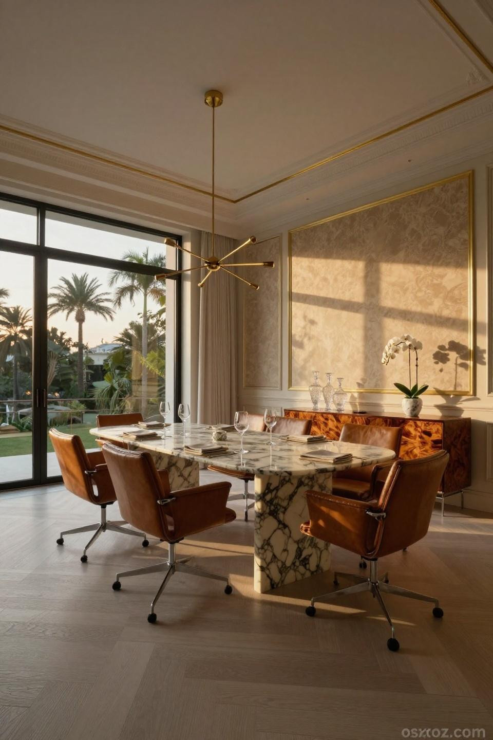 Dining room wall paneling with raised panels and brass inlay detailing