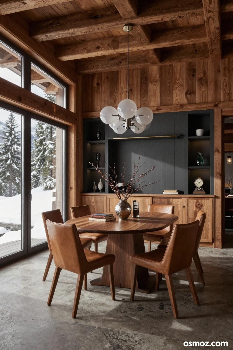 Dining room paneled walls with hand-carved dentil molding and charcoal finish