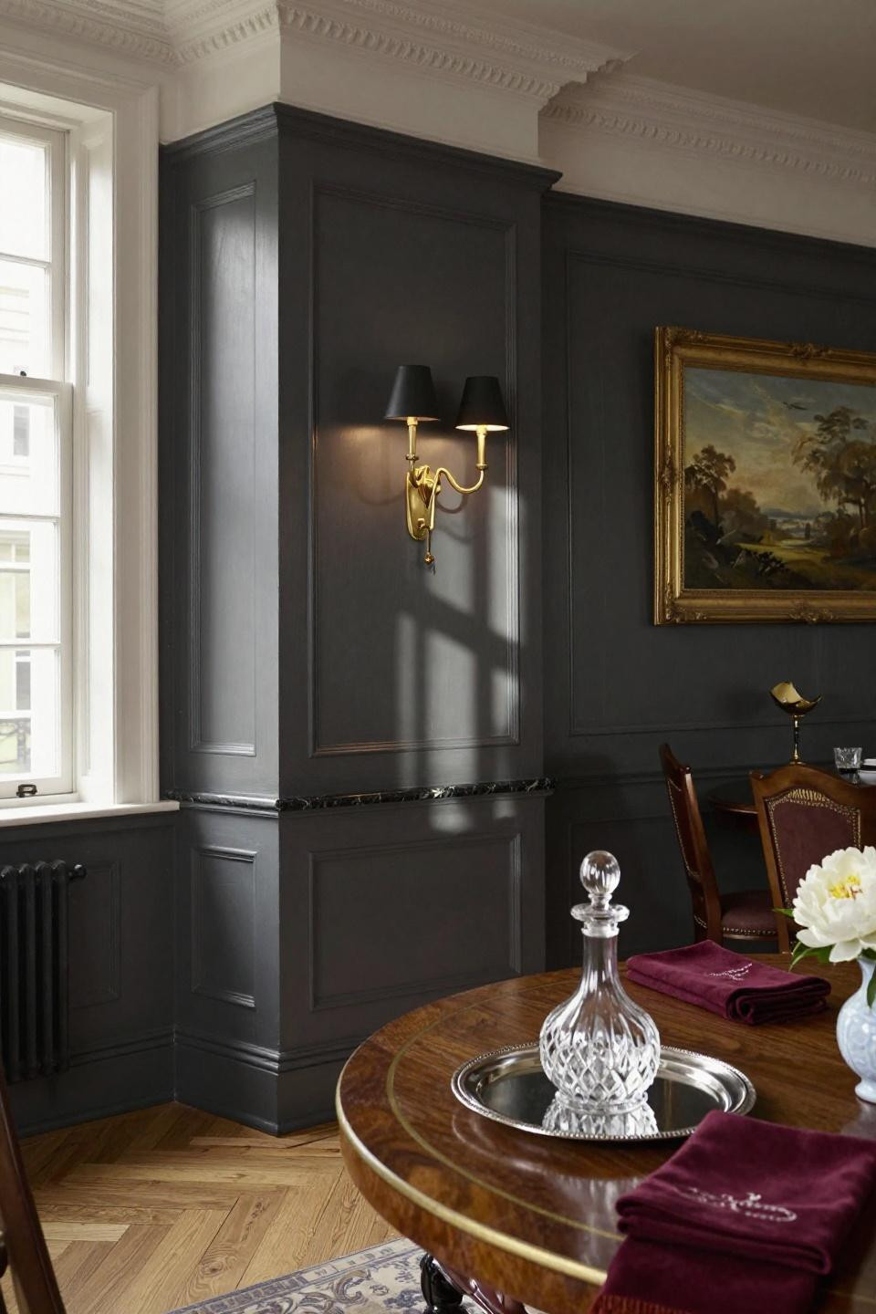 Board and batten wall dining room with deep charcoal panels and gold accents