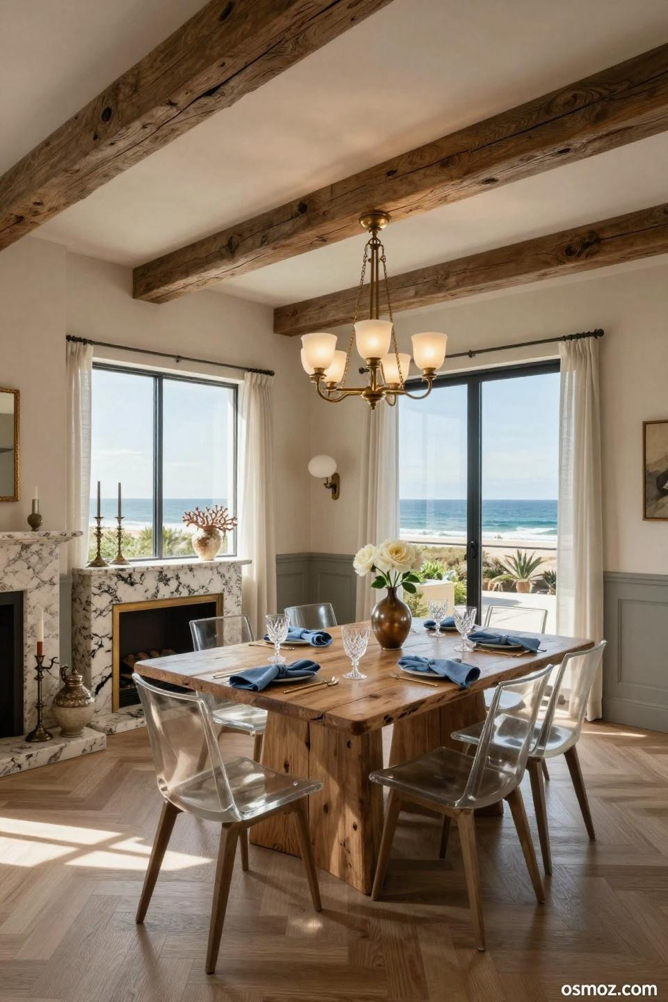 Wainscoting dining room with floor-to-ceiling windows and dove gray board and batten
