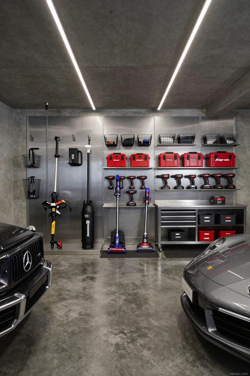 Two car garage organization featuring brushed gunmetal slatwall track system