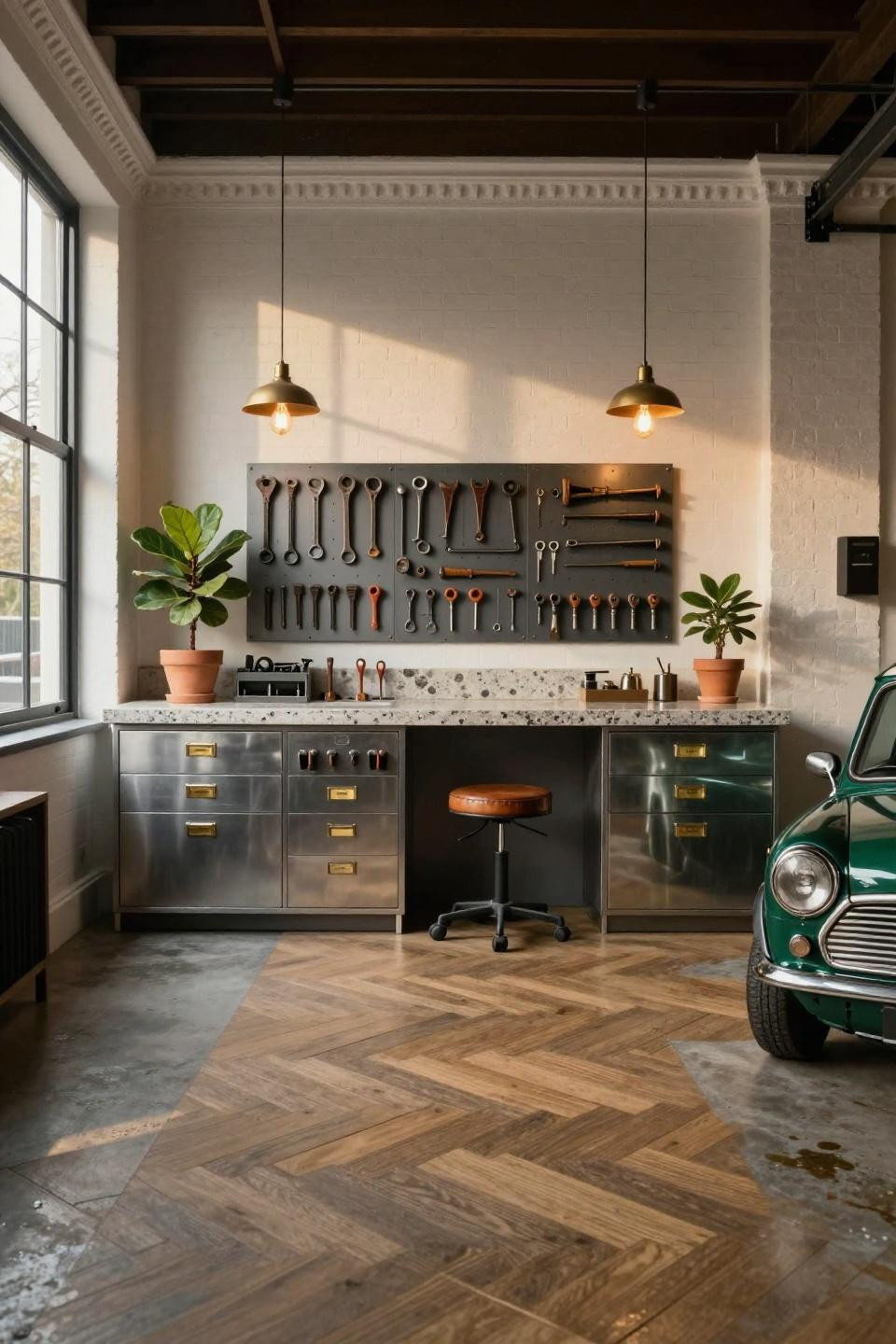 Two car garage organization with 12-foot limestone work surface