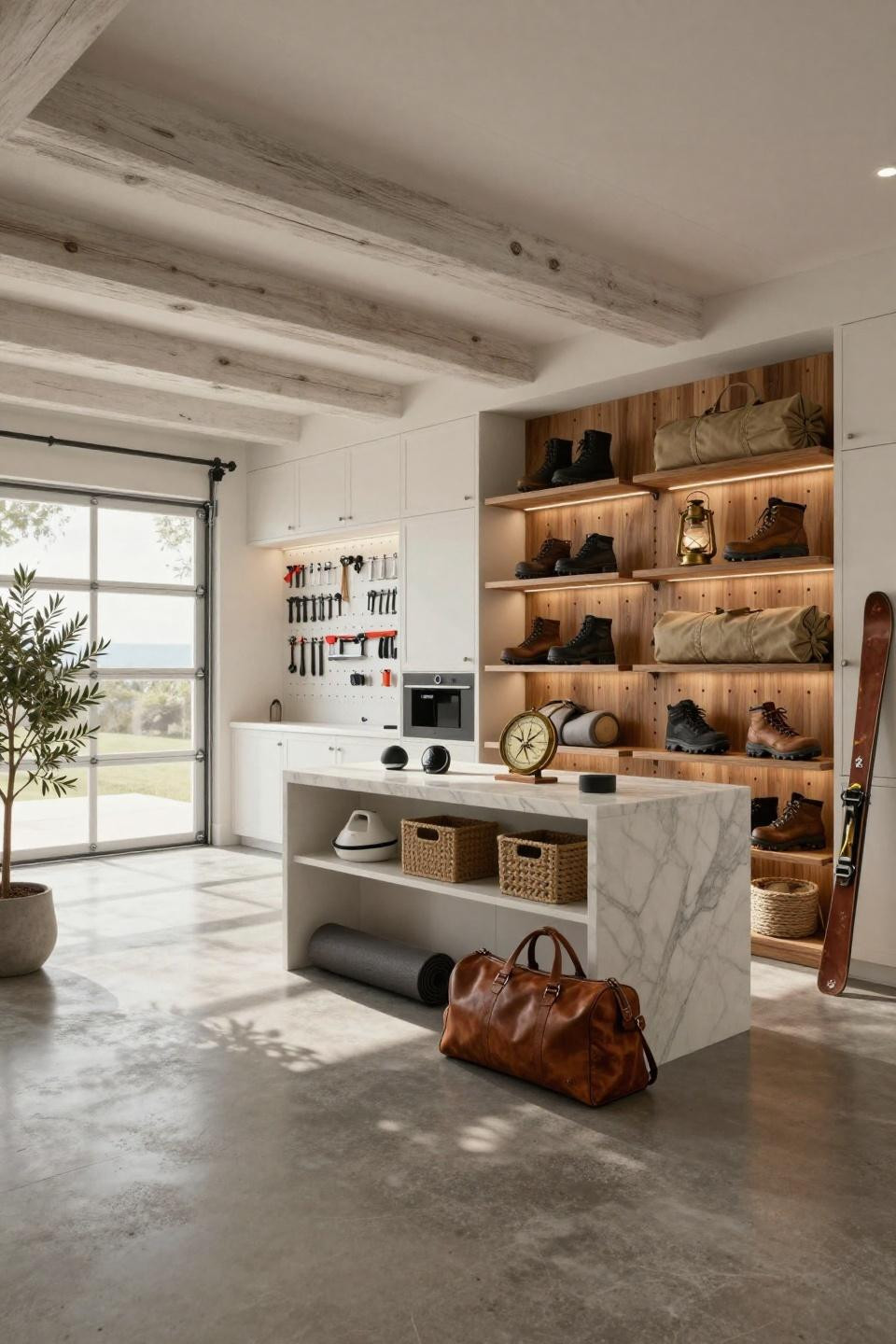 Two car garage organization with dedicated camping gear pegboard wall