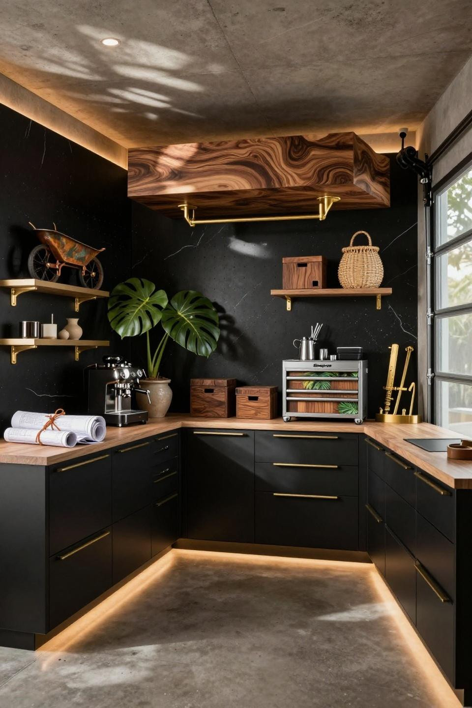 Two car garage organization featuring hydraulic lift overhead storage platform