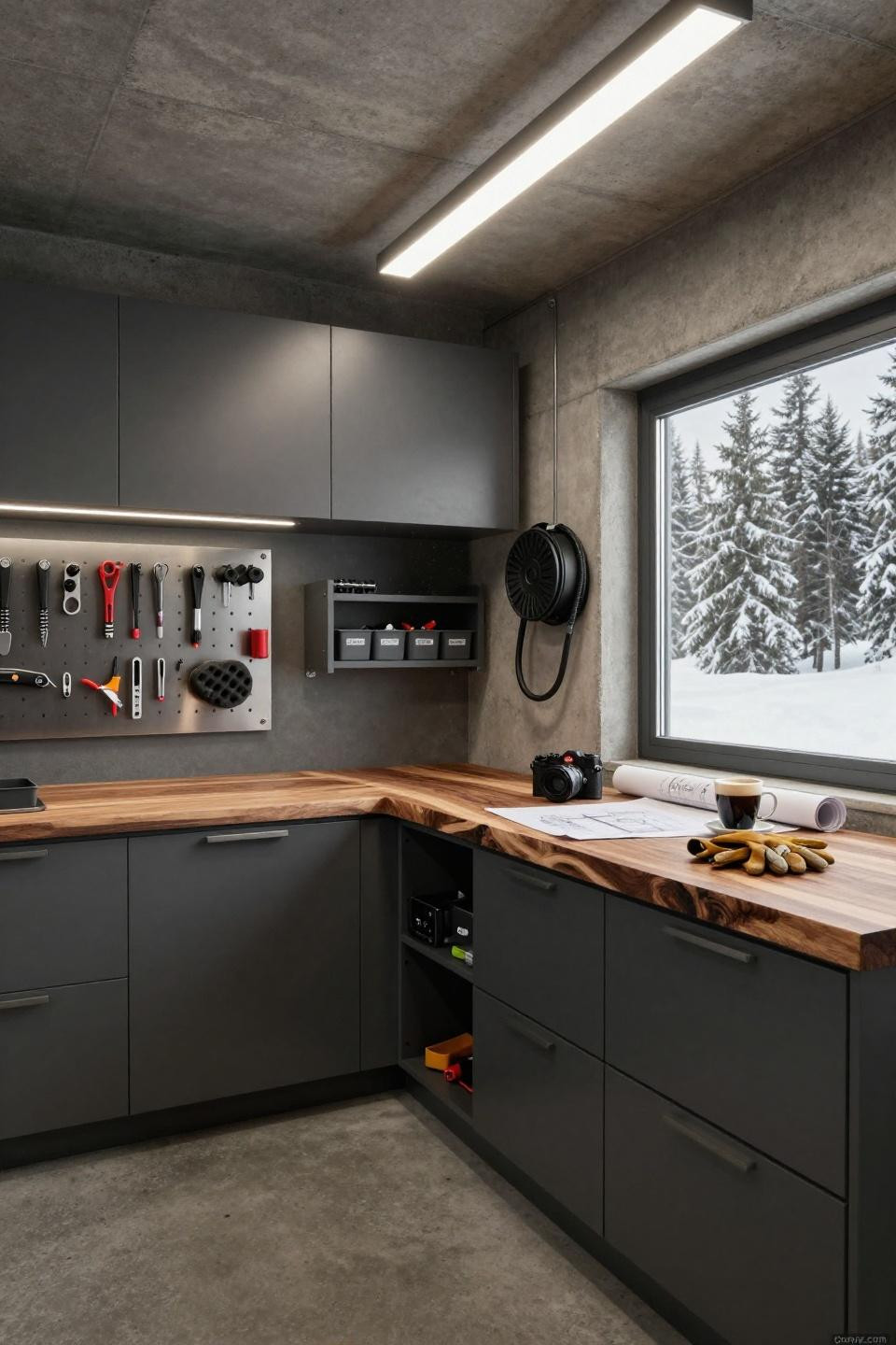 Two car garage organization with walnut workbench and charcoal steel cabinets