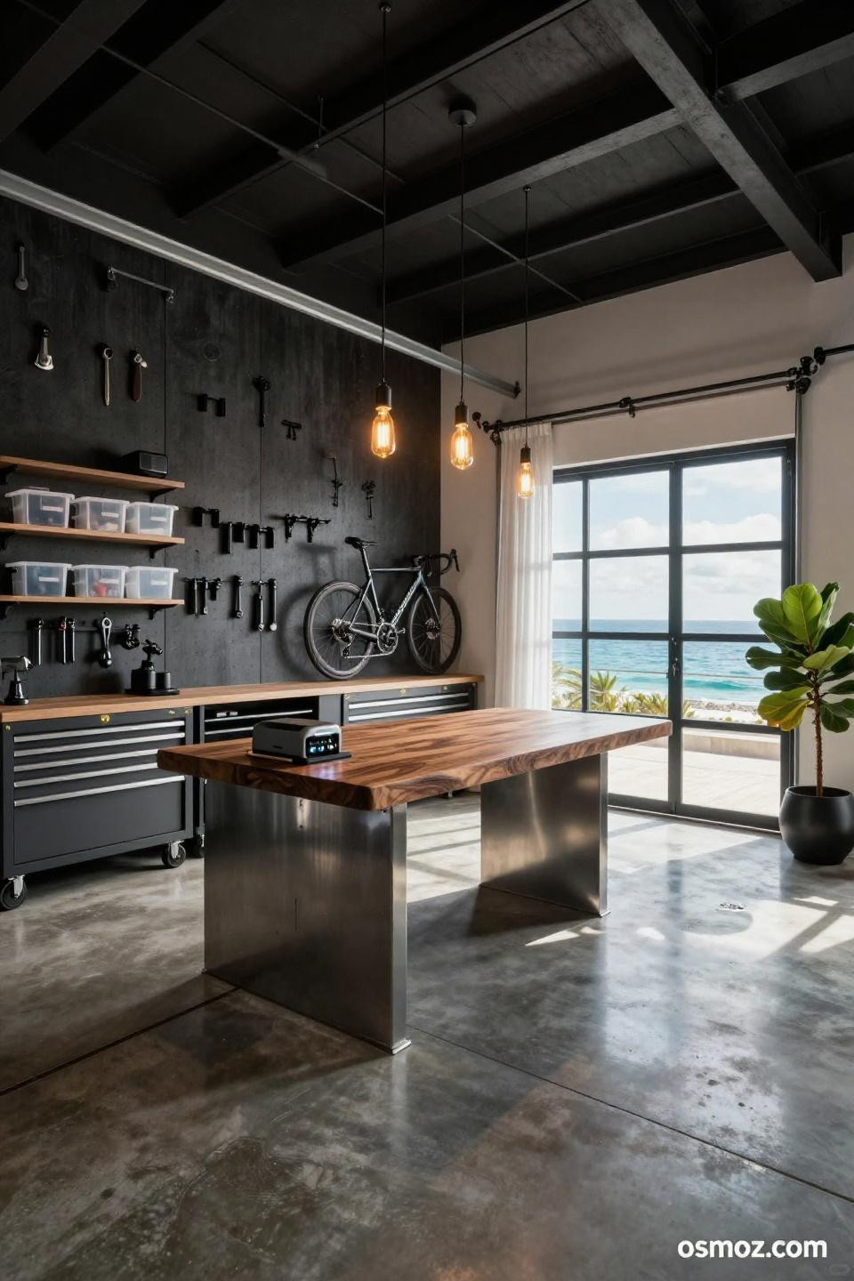 Two car garage organization featuring charcoal Baltic birch pegboard with tool silhouettes